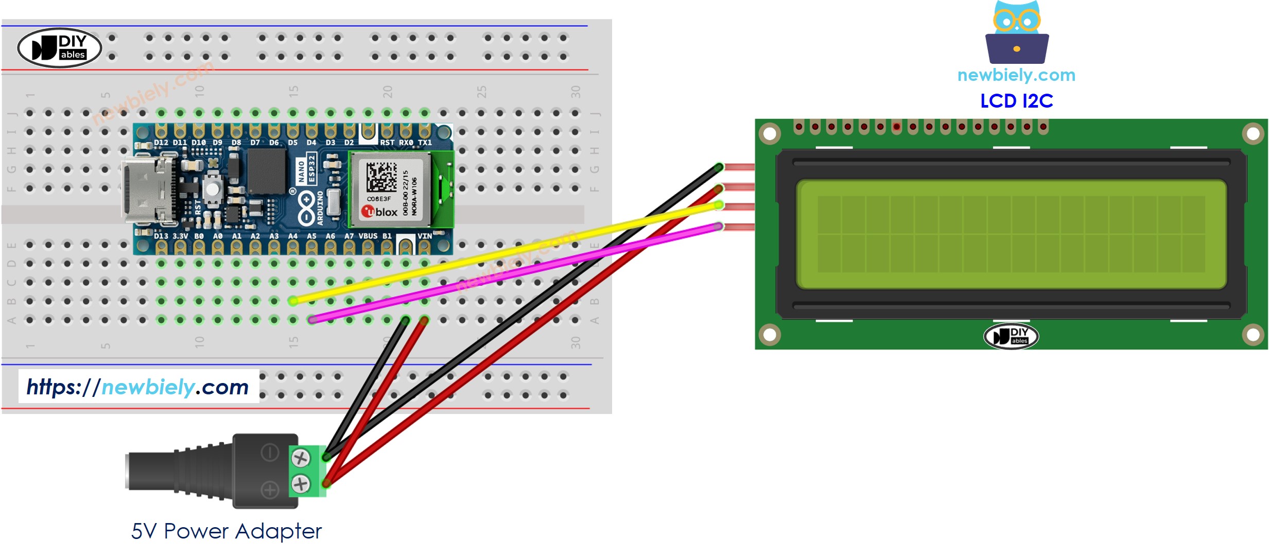 Arduino Nano ESP32 LCD I2C 5V power source wiring diagram