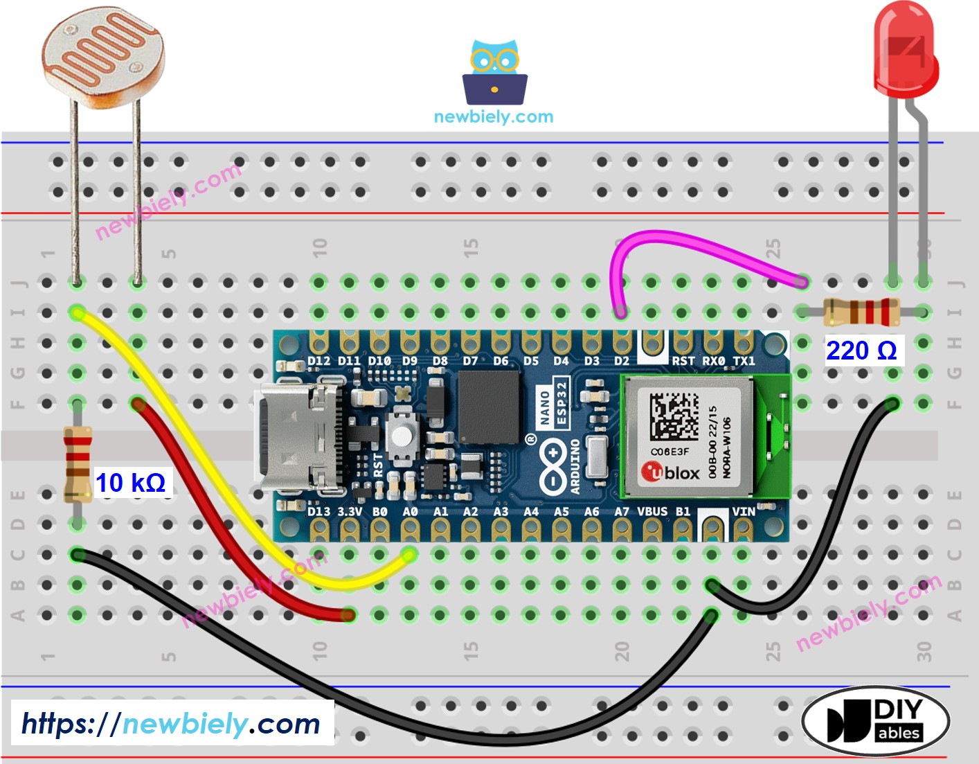 Arduino Nano ESP32 Light Sensor LED Wiring Diagram