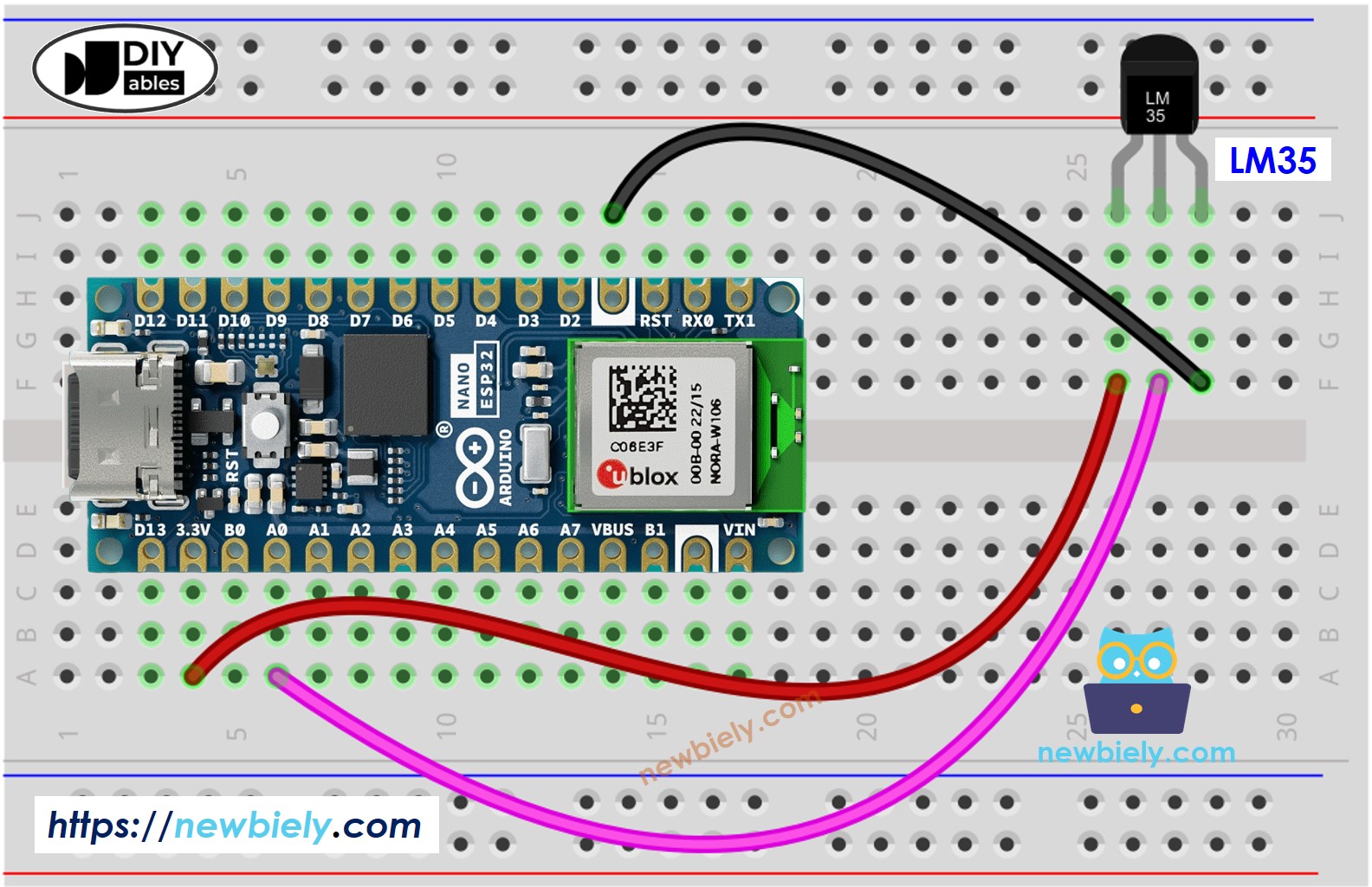 Arduino Nano ESP32 LM35 temperature sensor Wiring Diagram