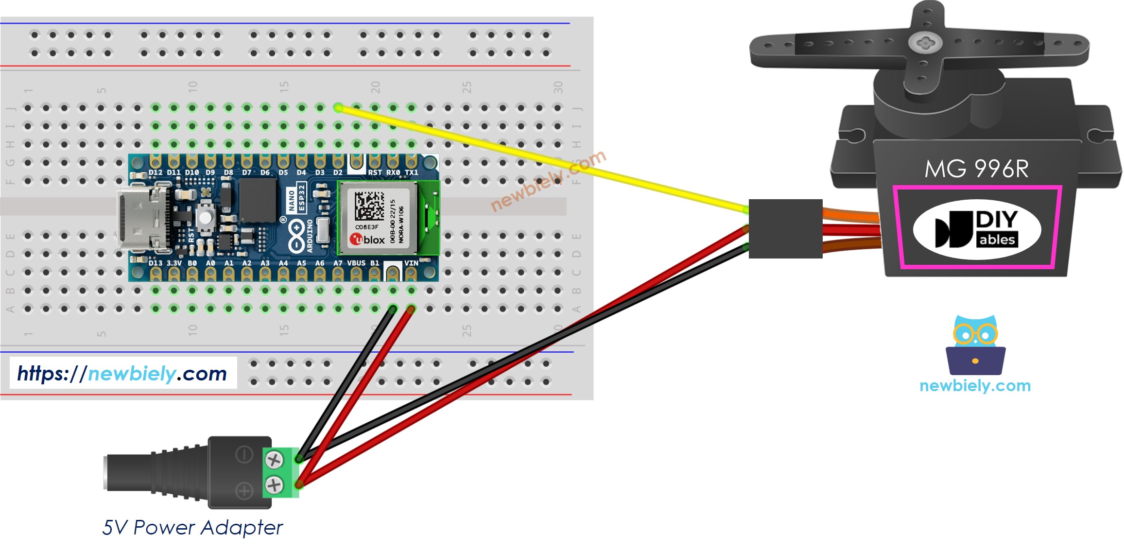 Arduino Nano ESP32 MG996R Servo Motor external power Wiring Diagram