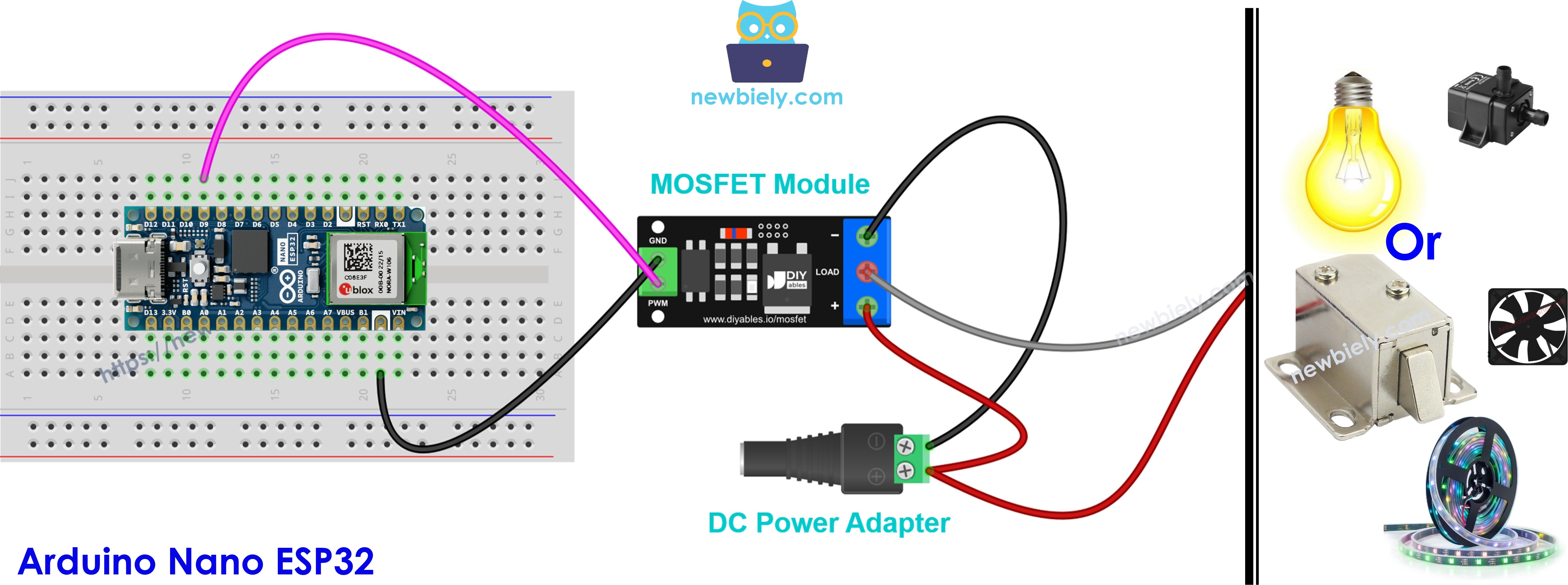 아두이노 나노 ESP32와 aod4184, lr7843 또는 fr120n mosfet 모듈 배선도