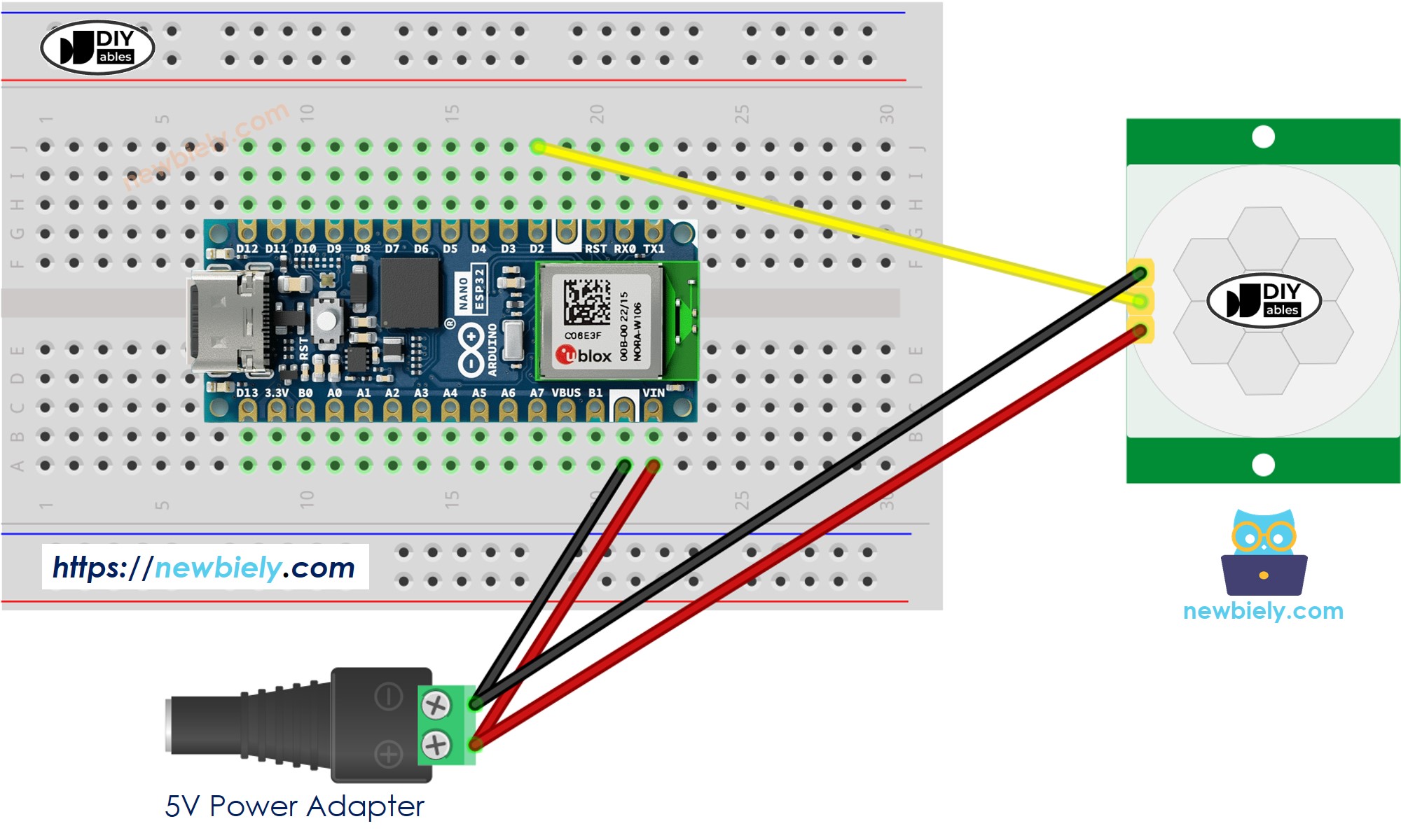 Arduino Nano ESP32 Motion Sensor Wiring Diagram with external power adapter