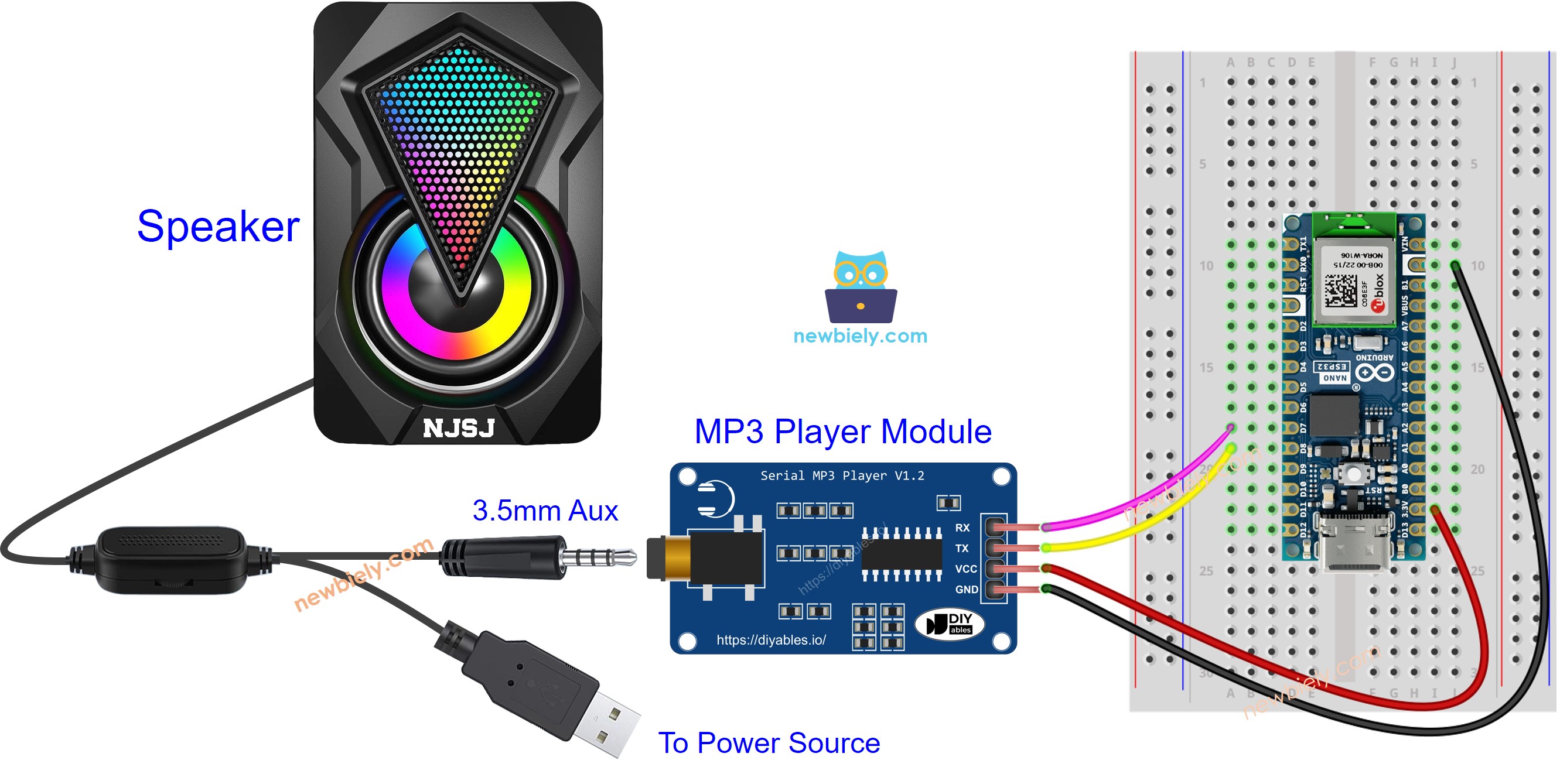 Arduino Nano ESP32 MP3 player module Wiring Diagram