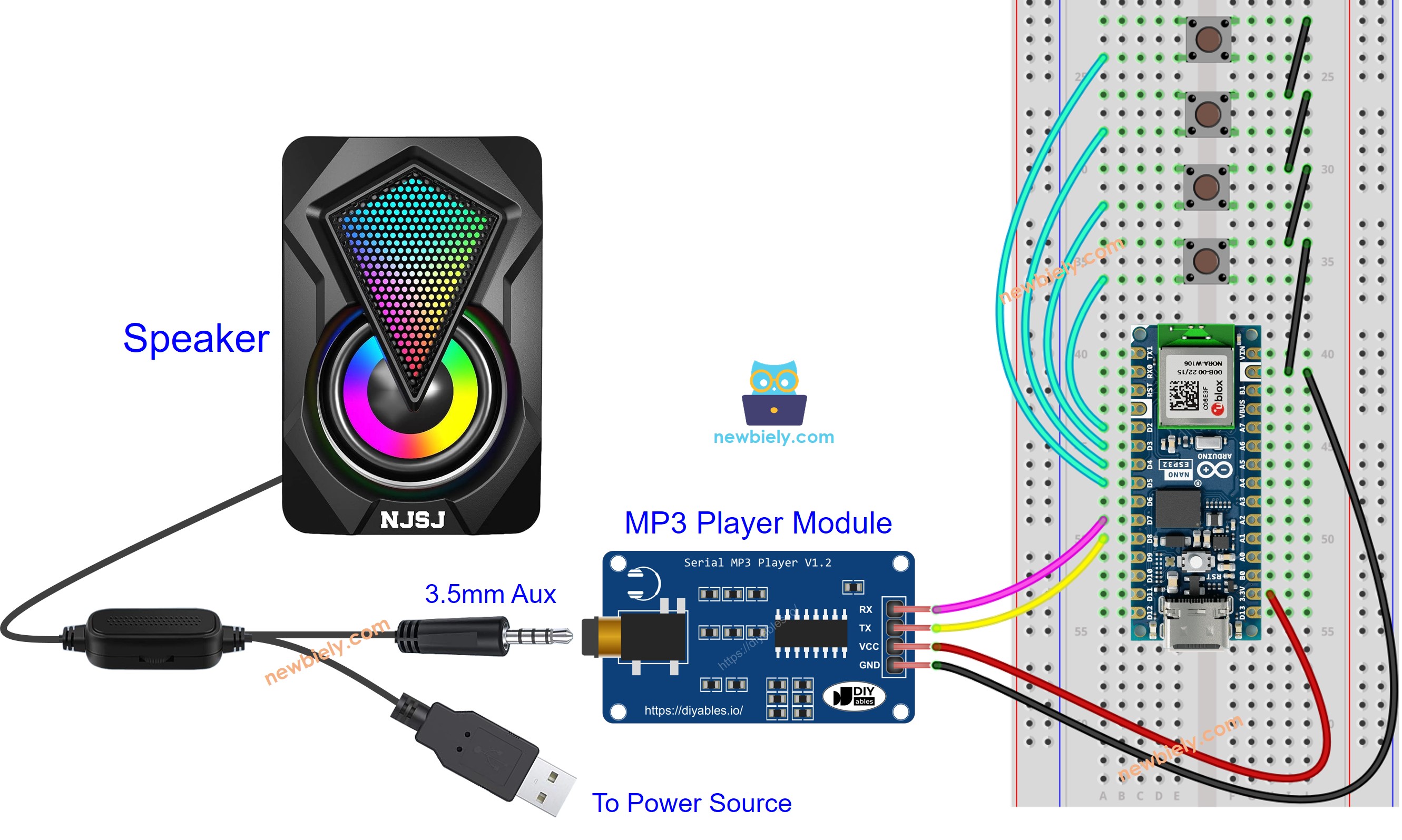 Arduino Nano ESP32 MP3 player speaker Wiring Diagram