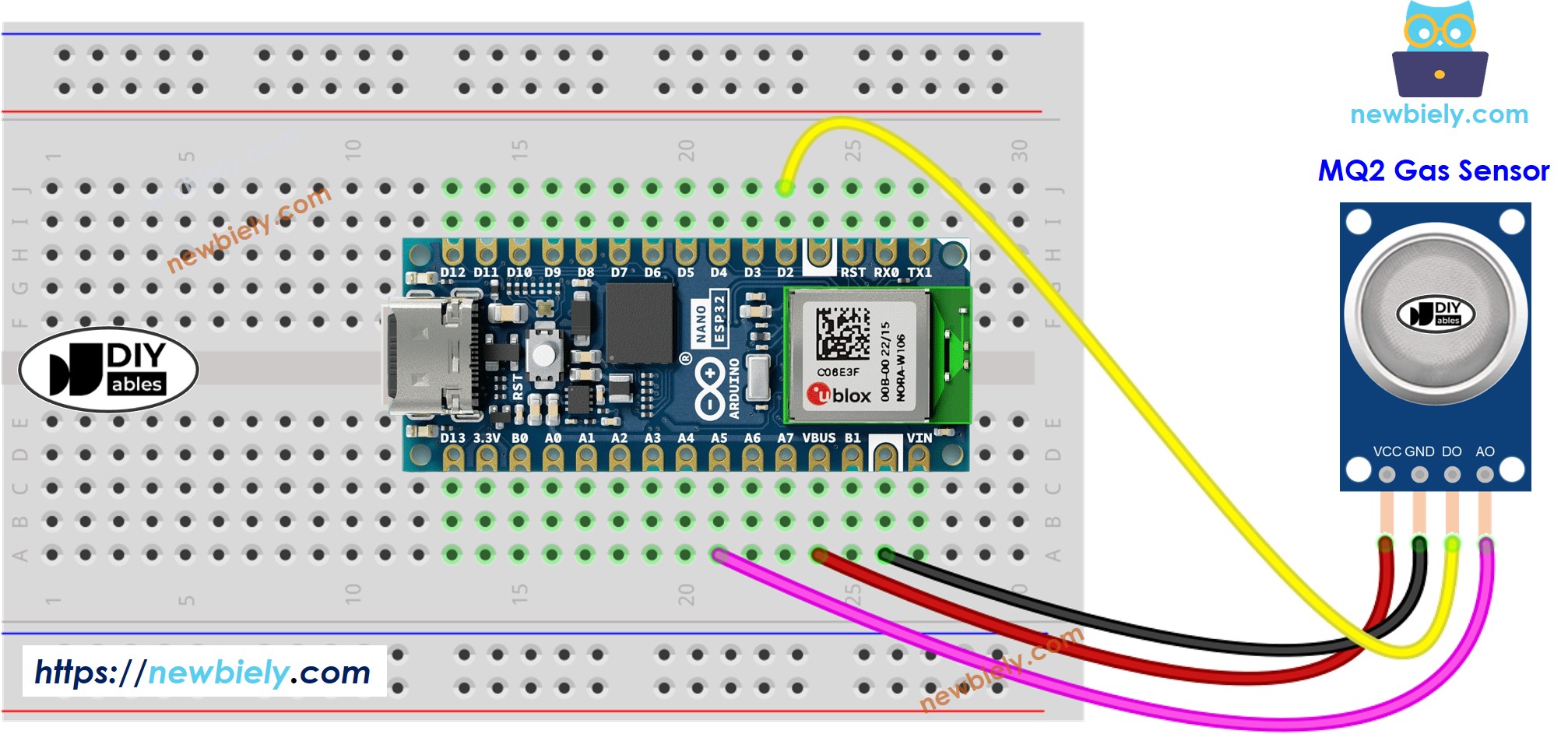 Arduino Nano ESP32 MQ2 gas sensor wiring diagram