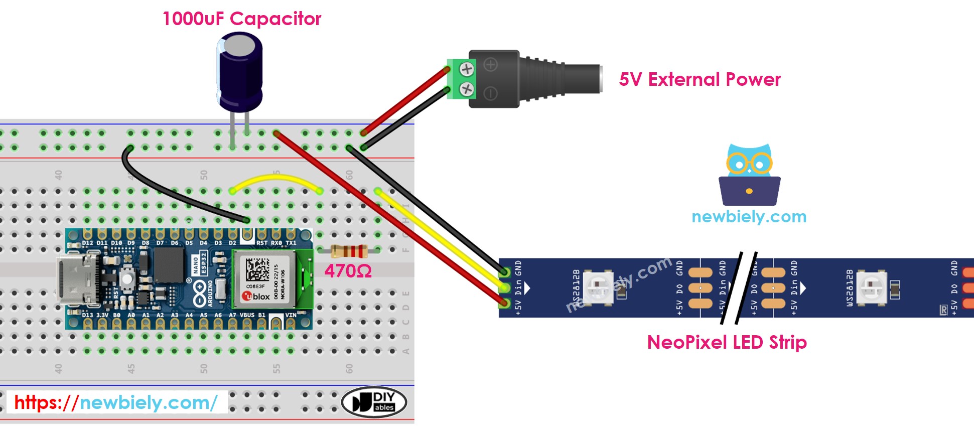 Arduino Nano ESP32 NeoPixel RGB LED strip Wiring Diagram