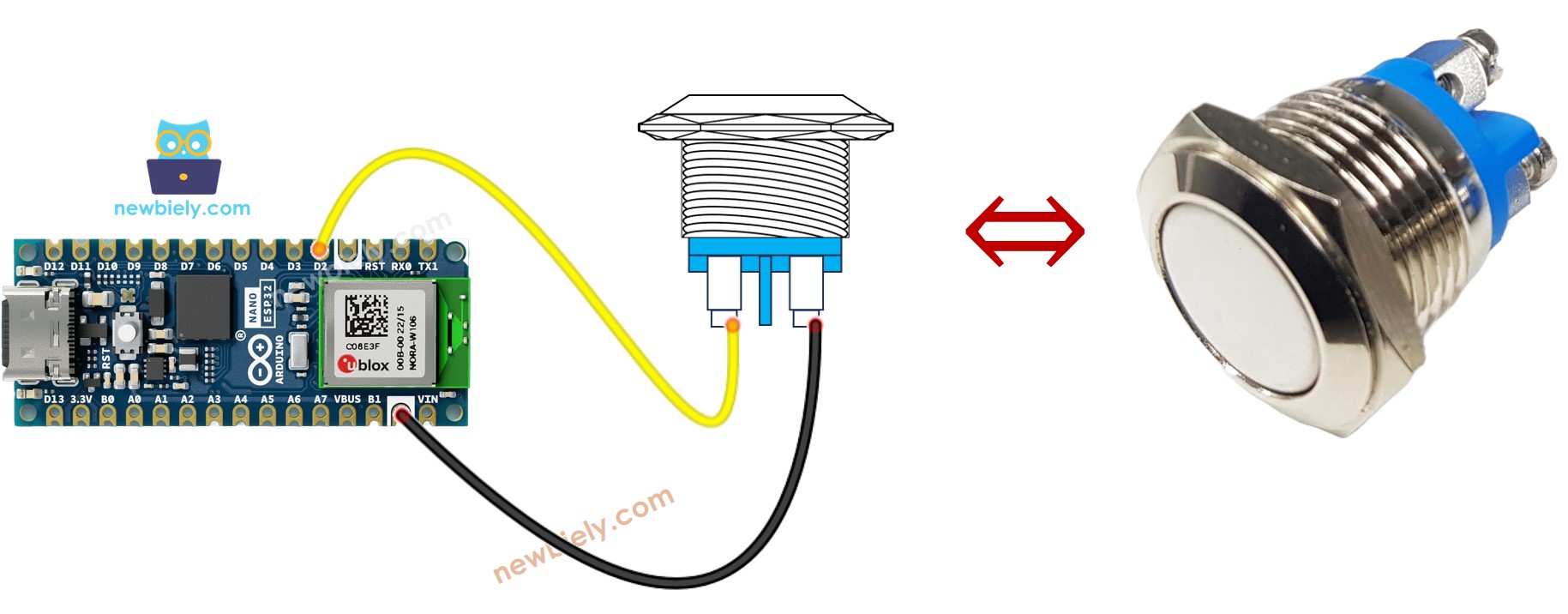 Arduino Nano ESP32 two-pin push button Wiring Diagram