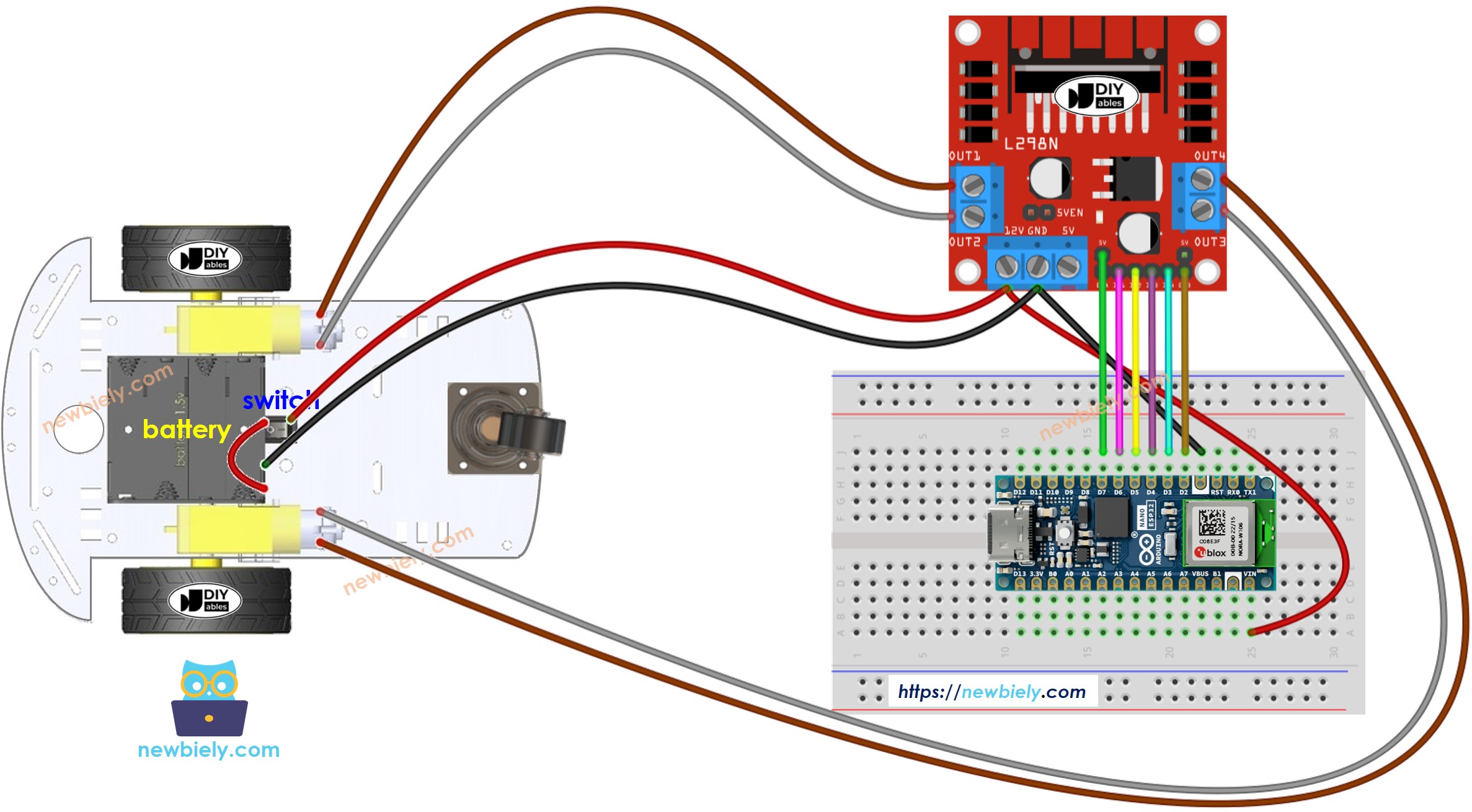 Arduino Nano ESP32 2WD RC Car Wiring Diagram