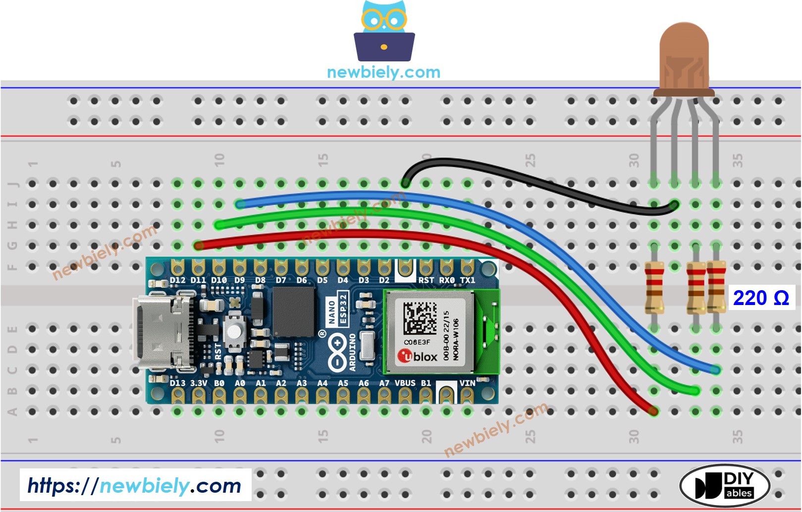 Arduino Nano ESP32 RGB LED wiring diagram