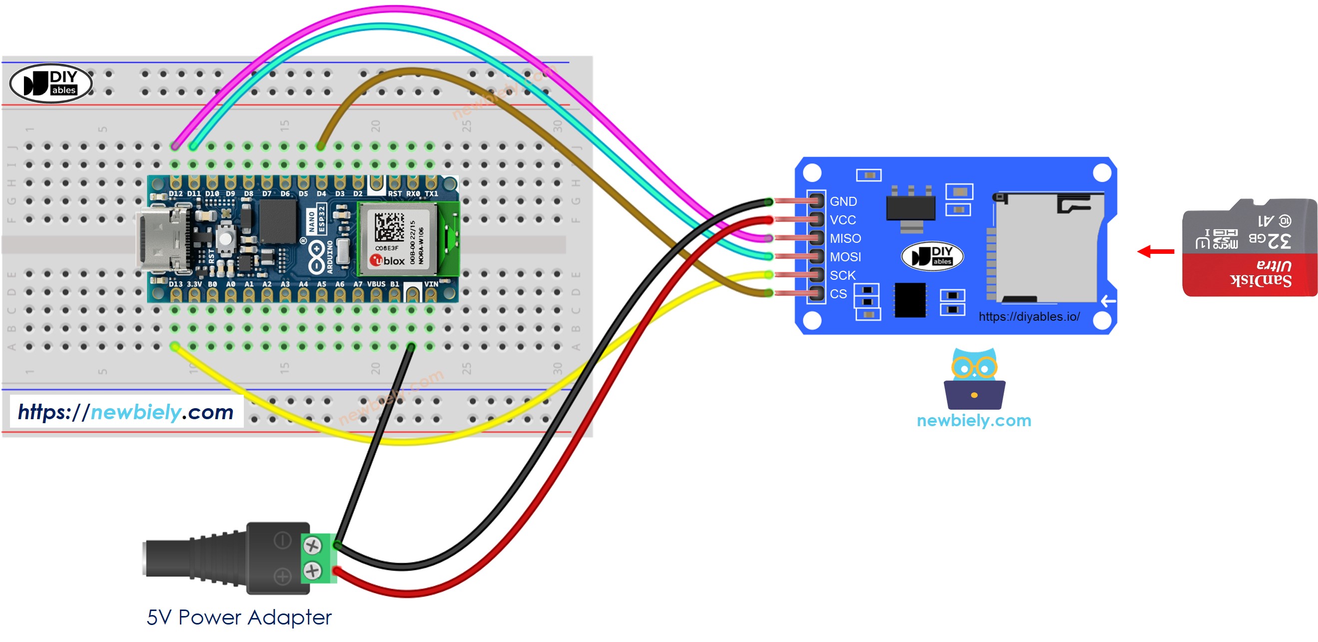 Arduino Nano ESP32 Micro SD Card Module external power wiring diagram