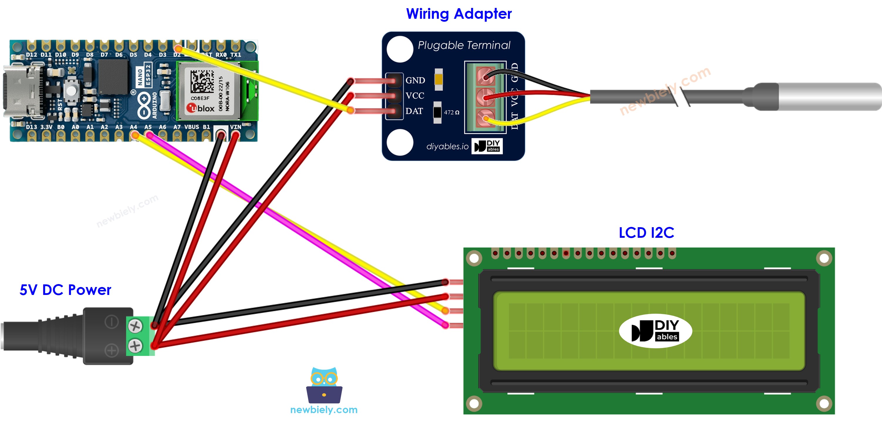 Arduino Nano ESP32 Temperature Sensor LCD Wiring Diagram