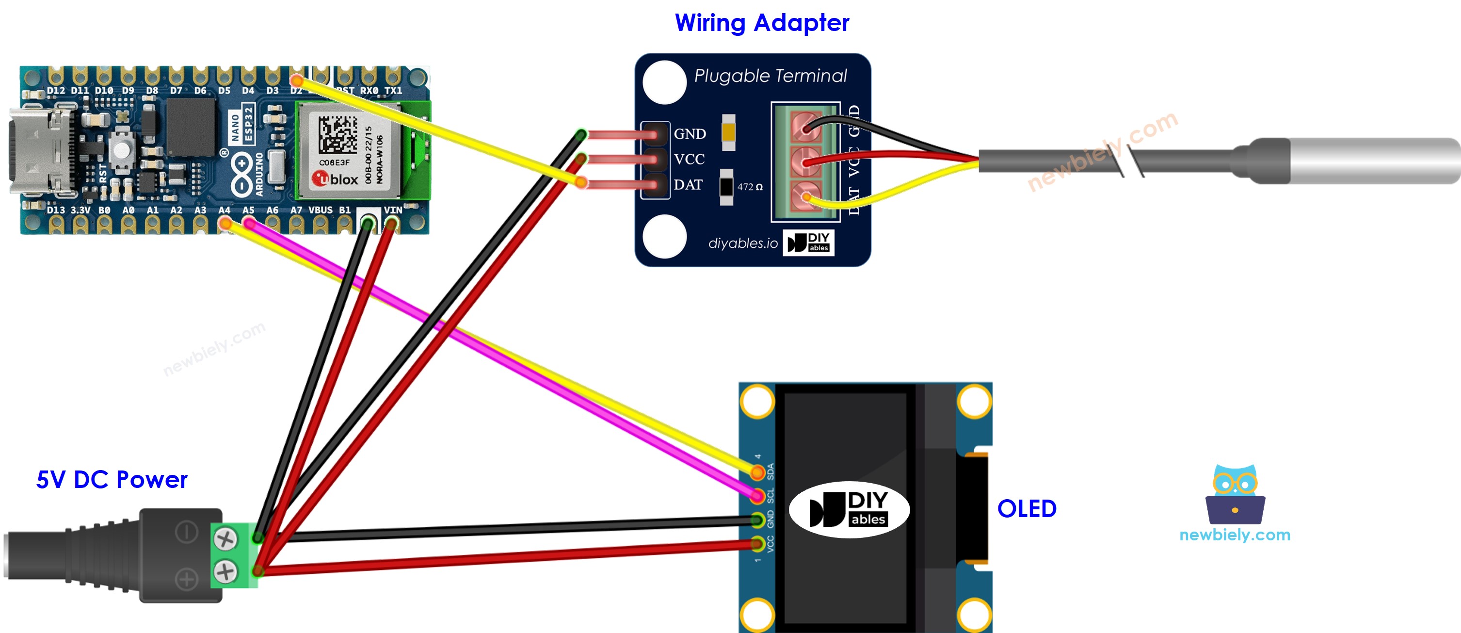 Arduino Nano ESP32 DS18B20 Temperature Sensor OLED Wiring Diagram