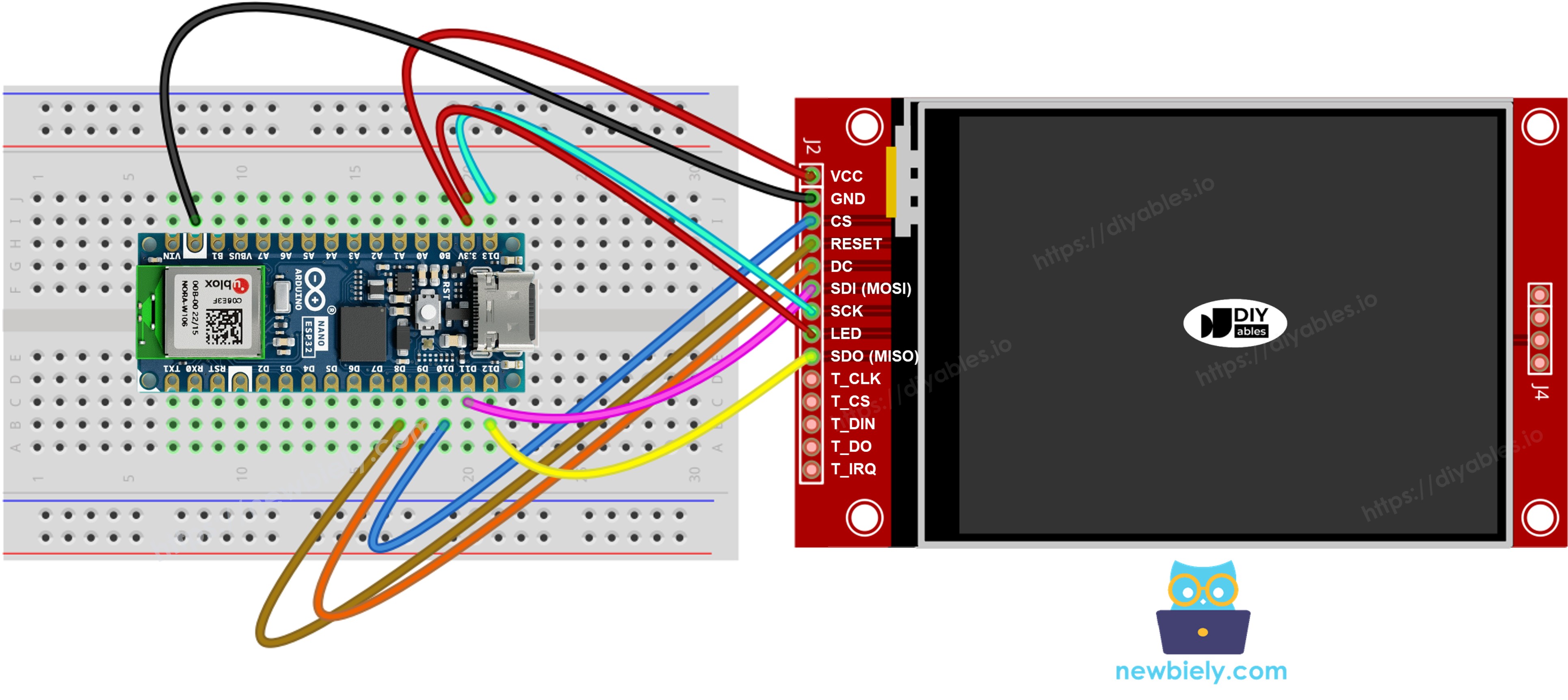 아두이노 나노 ESP32 tft spi 디스플레이 터치 없음 배선 다이어그램