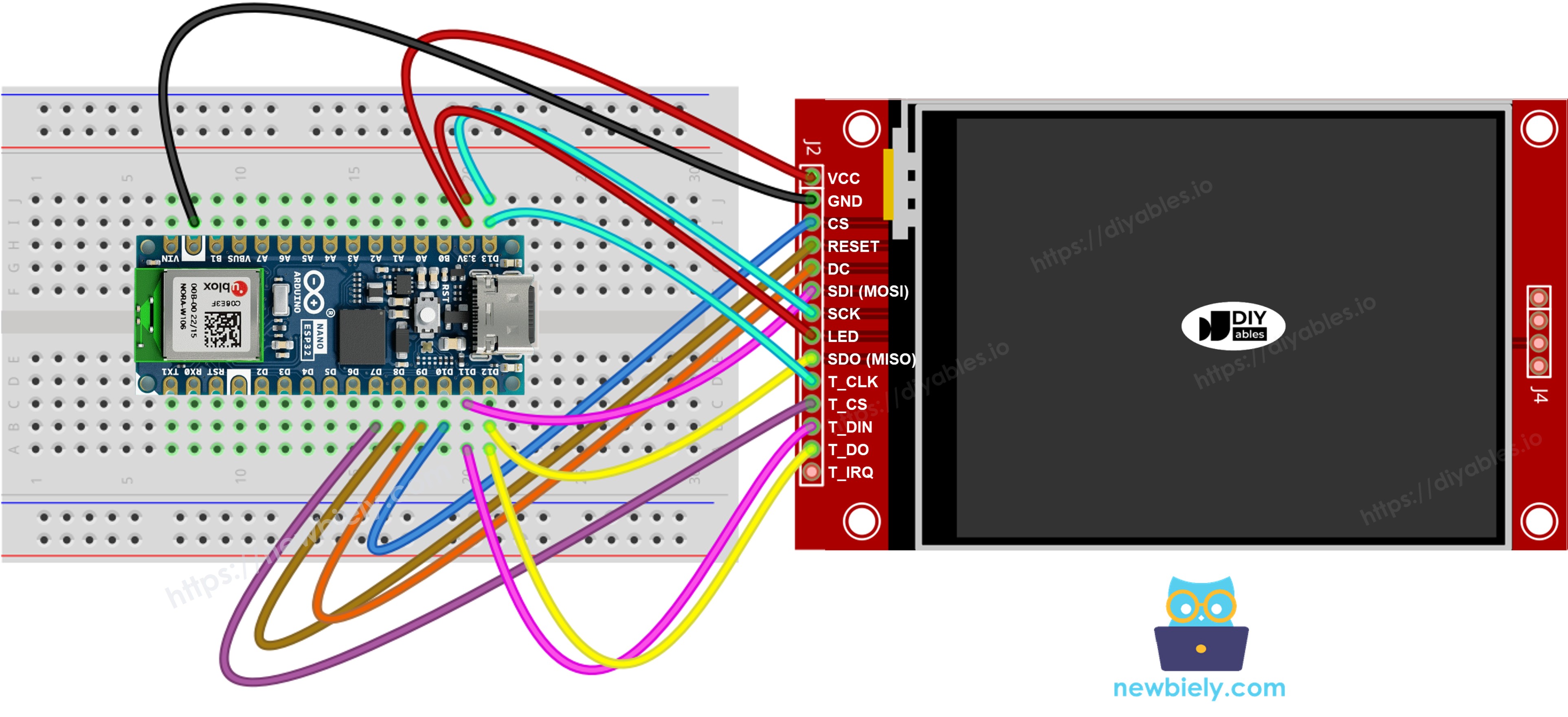 아두이노 나노 ESP32 tft spi 디스플레이 터치 있음 배선 다이어그램