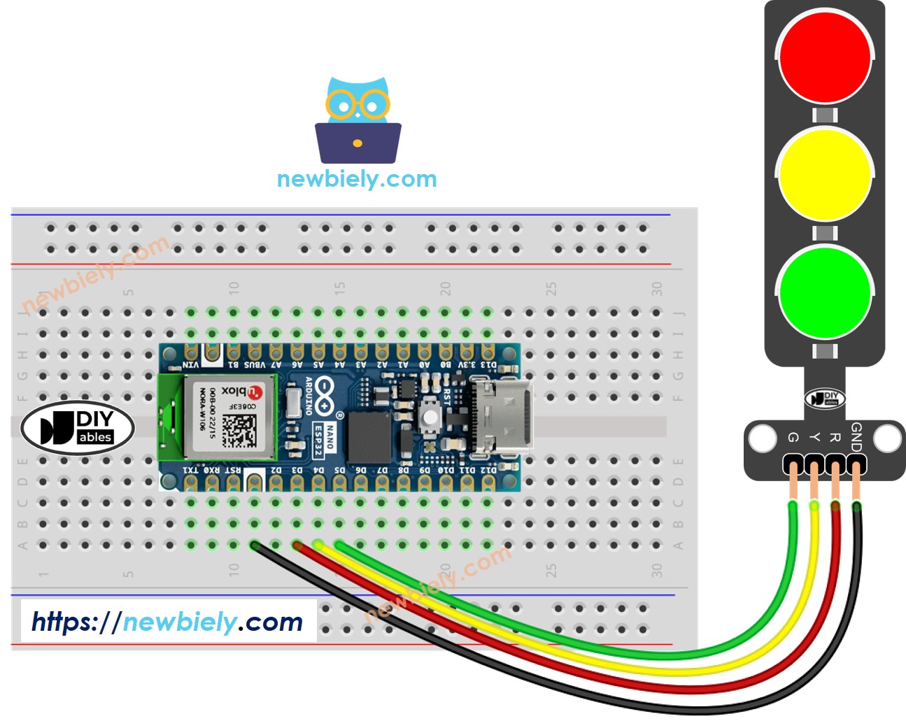 Arduino Nano ESP32 traffic light Wiring Diagram