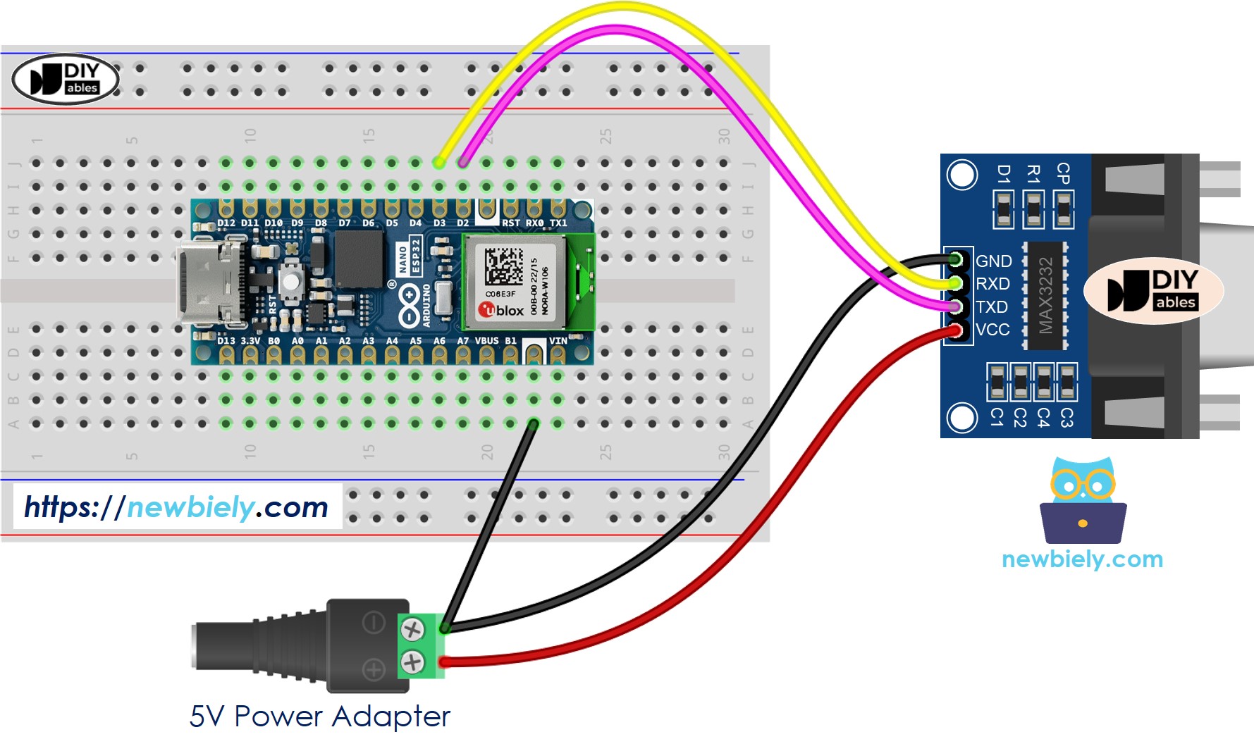 Arduino Nano ESP32 RS232 to TTL Wiring Diagram