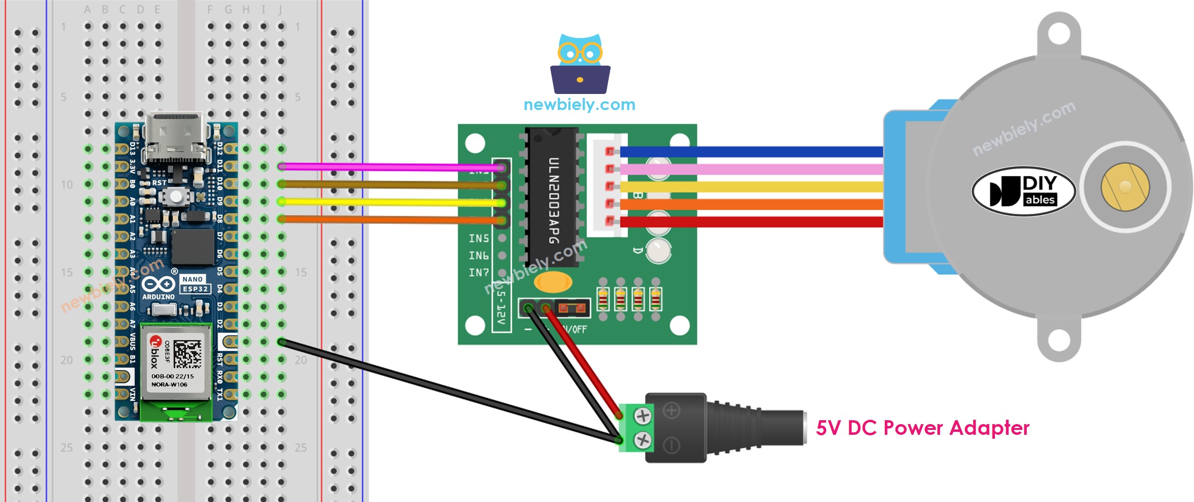 Arduino Nano ESP32 stepper motor ULN2003 driver Wiring Diagram