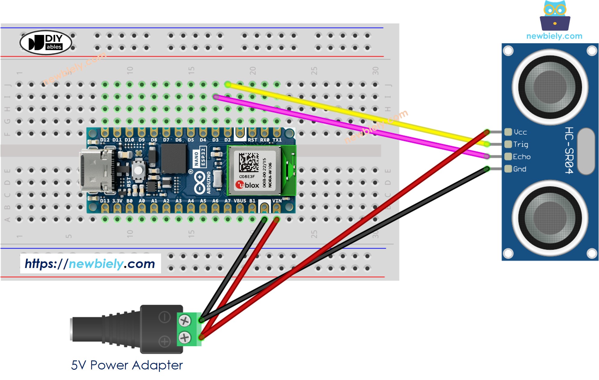 아두이노 나노 ESP32 초음파 센서 external power 연결 배선도