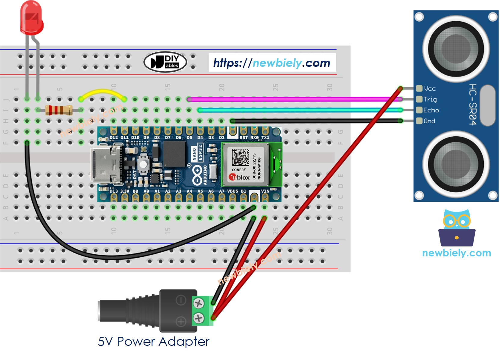 Arduino Nano ESP32 Ultrasonic Sensor LED Wiring Diagram 5v power source