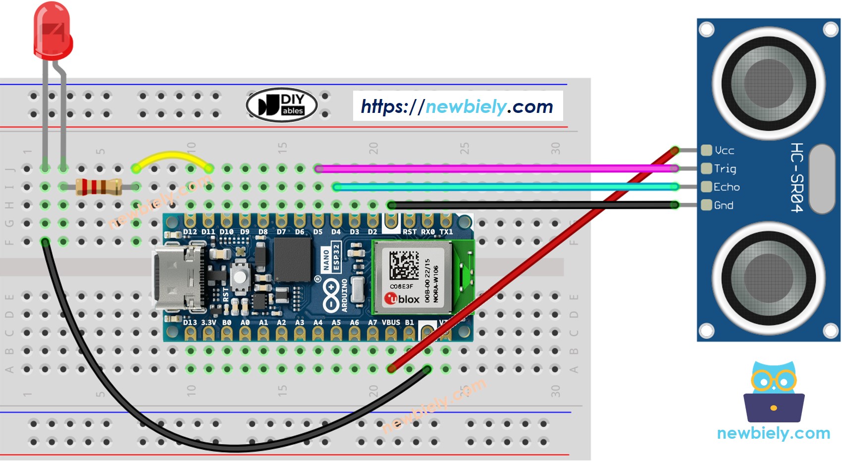 Arduino Nano ESP32 Ultrasonic Sensor LED Wiring Diagram