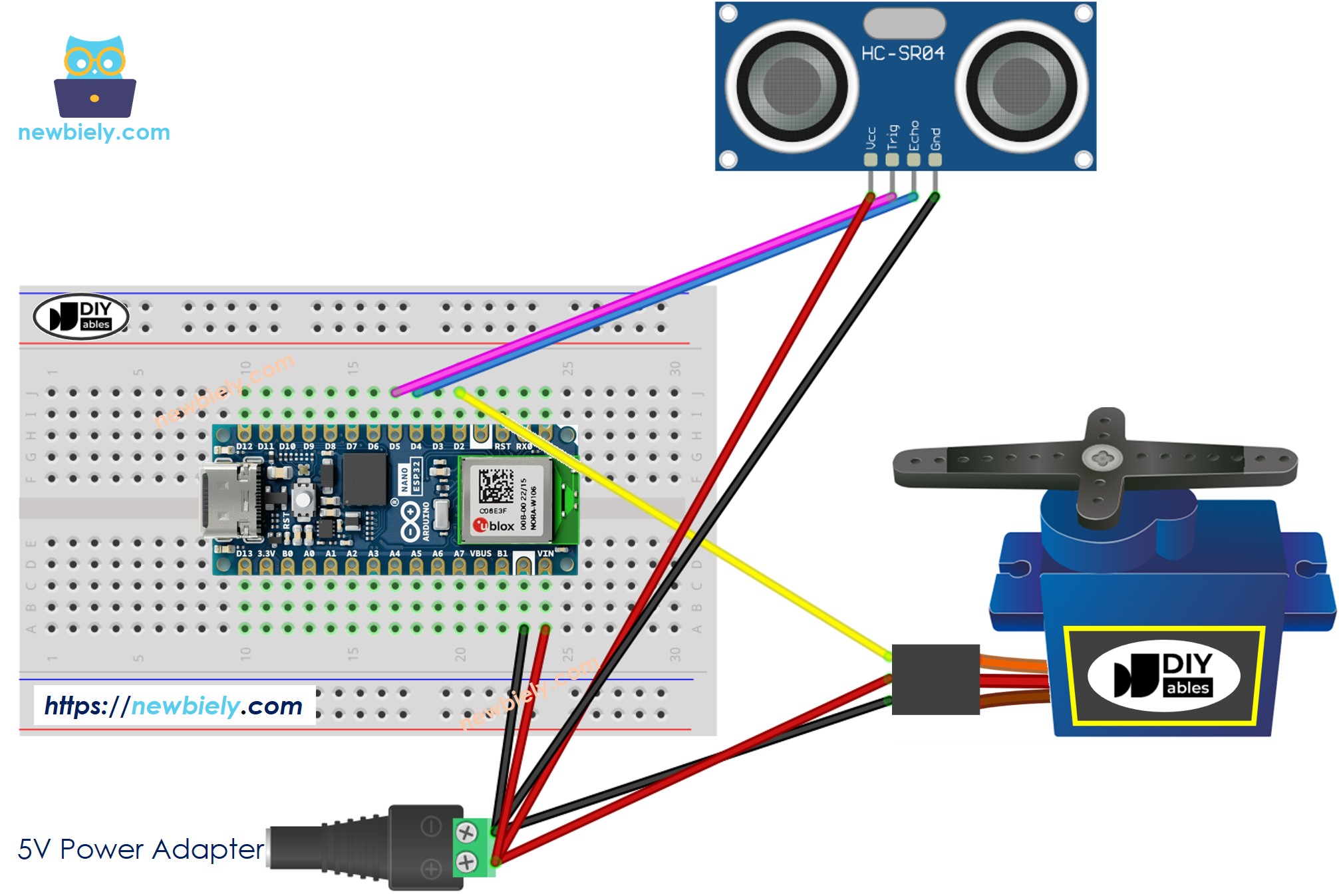 아두이노 나노 ESP32 초음파 센서 서보 모터 연결 배선도