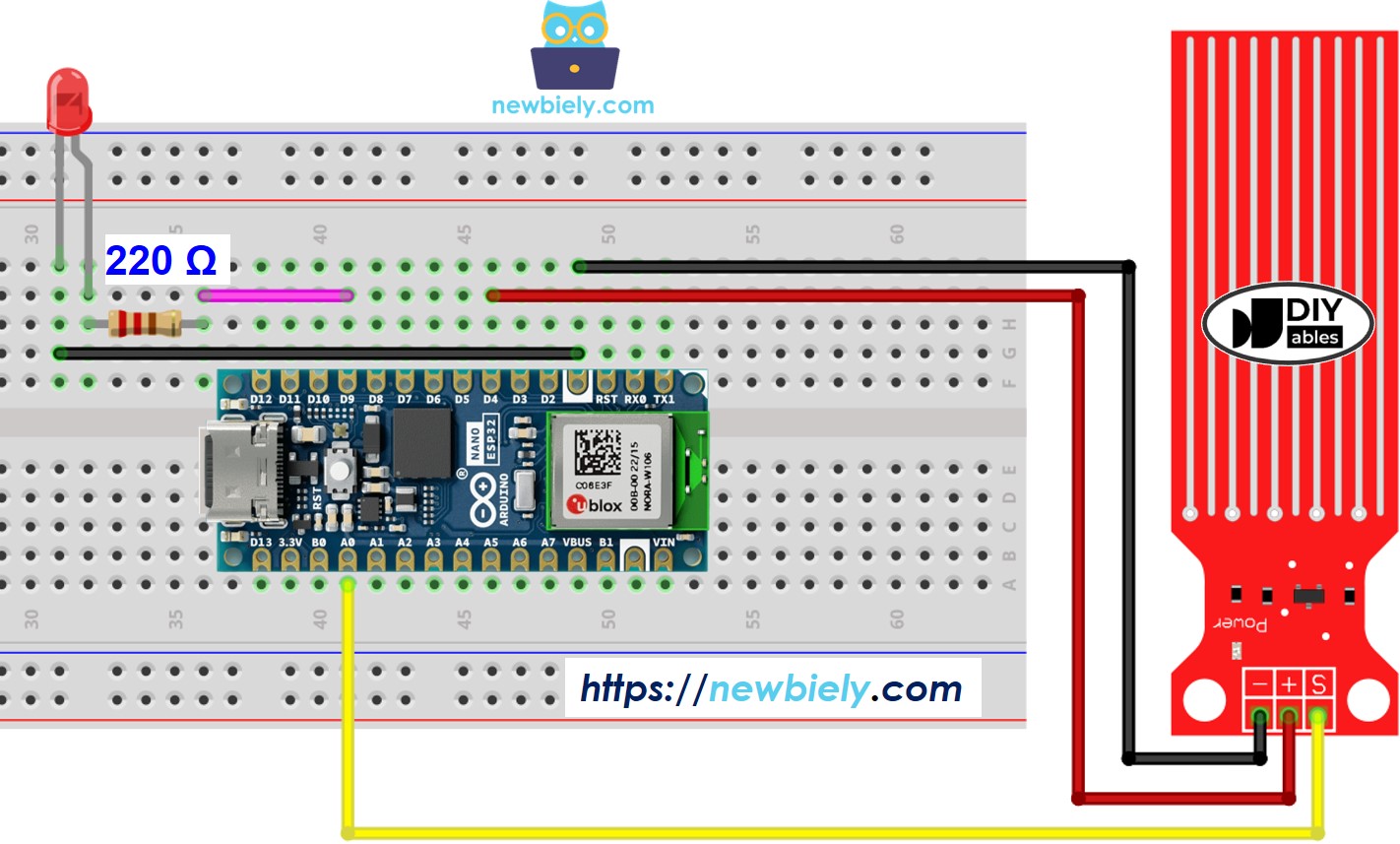 Arduino Nano ESP32 Water Sensor LED wiring diagram