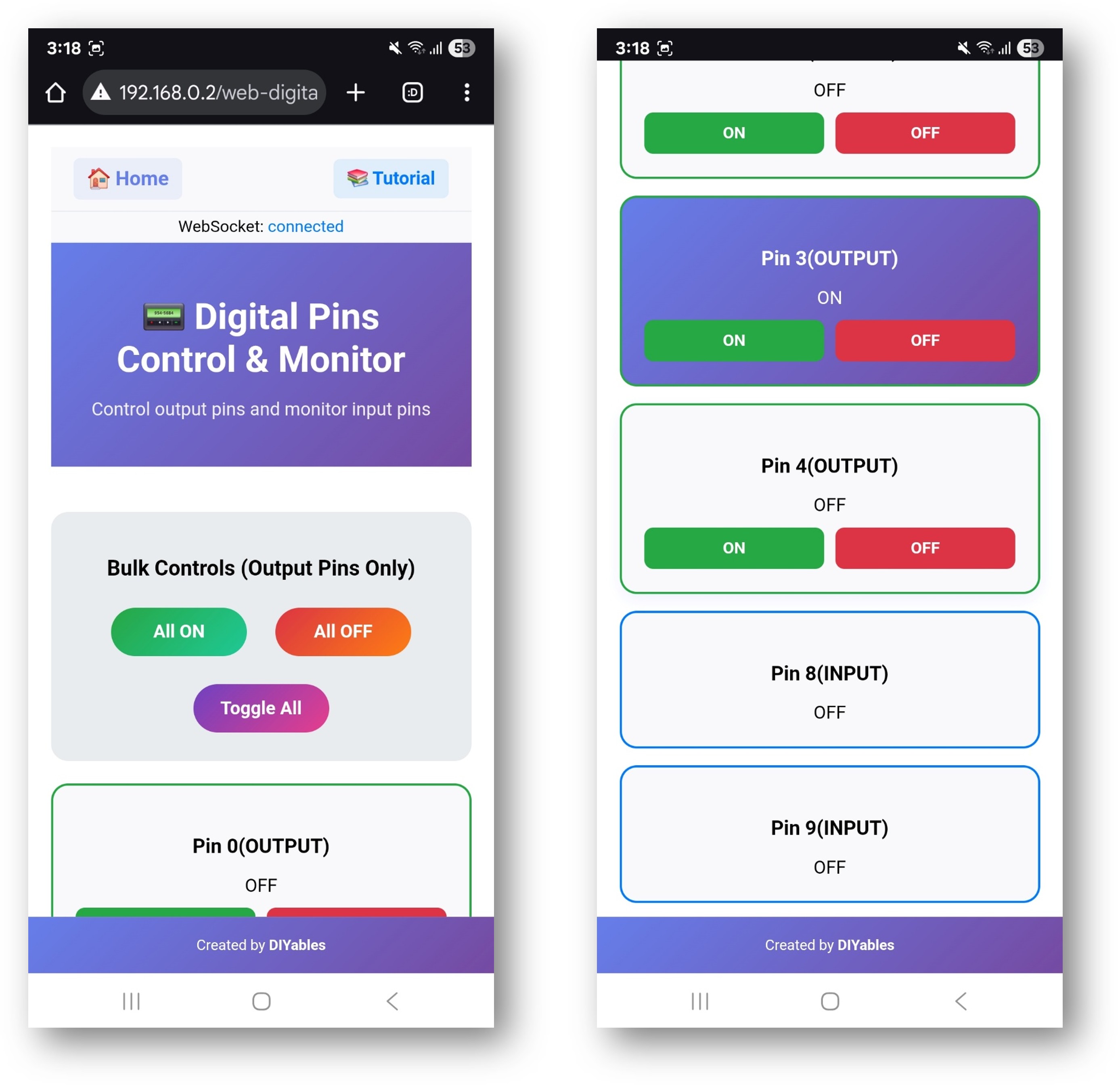 아두이노 나노 ESP32 diyaBLEs webapp 웹 디지털 핀 앱