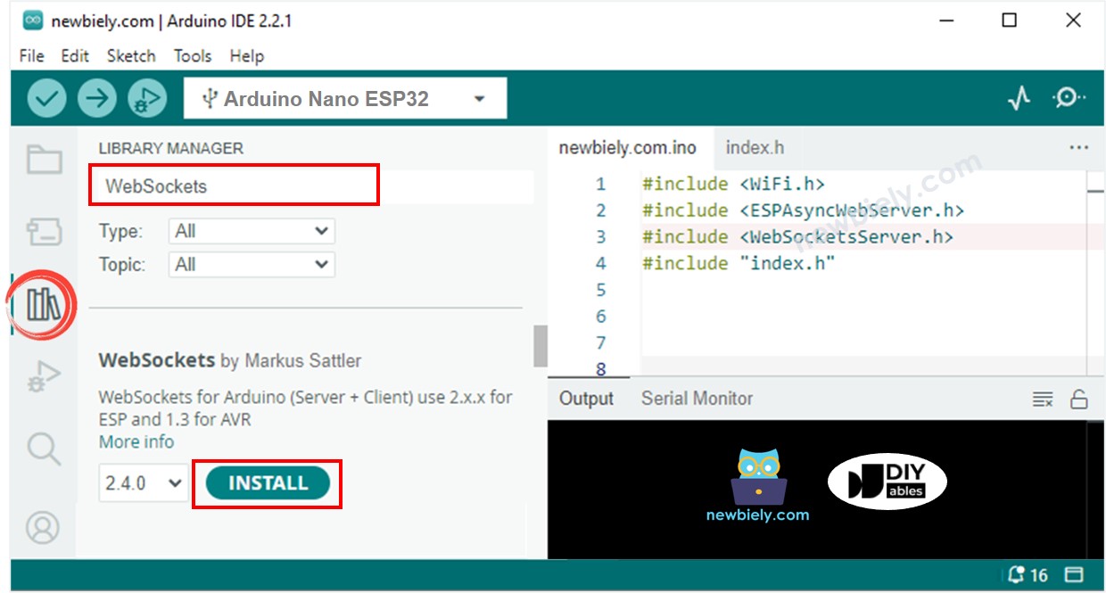 아두이노 나노 ESP32 websockets 라이브러리