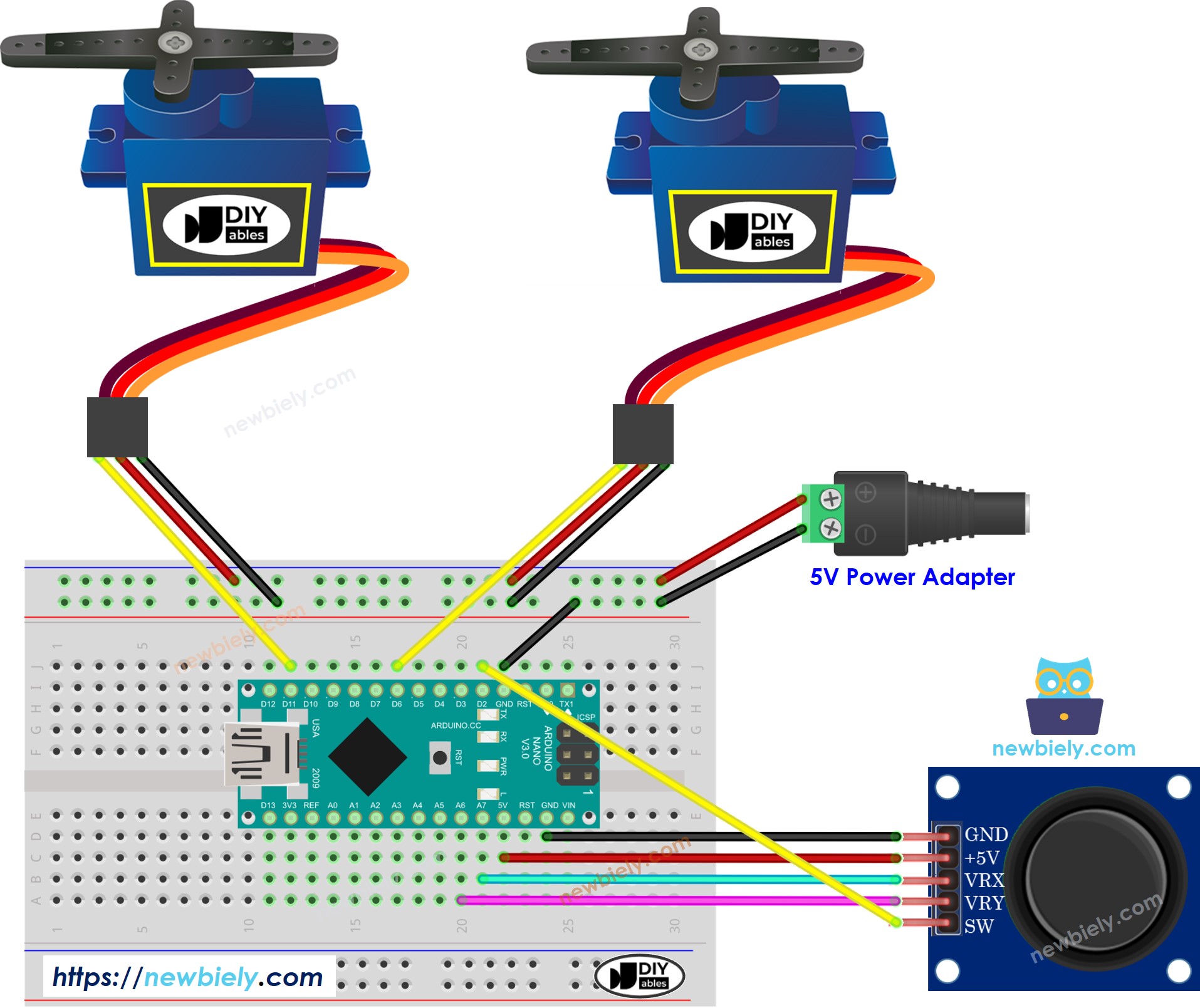 Arduino Nano Joystick Servo Motor wiring diagram