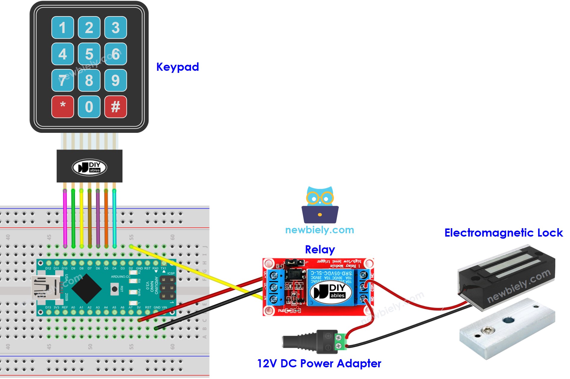 Arduino Nano, keypad, electromagnetic lock wiring diagram