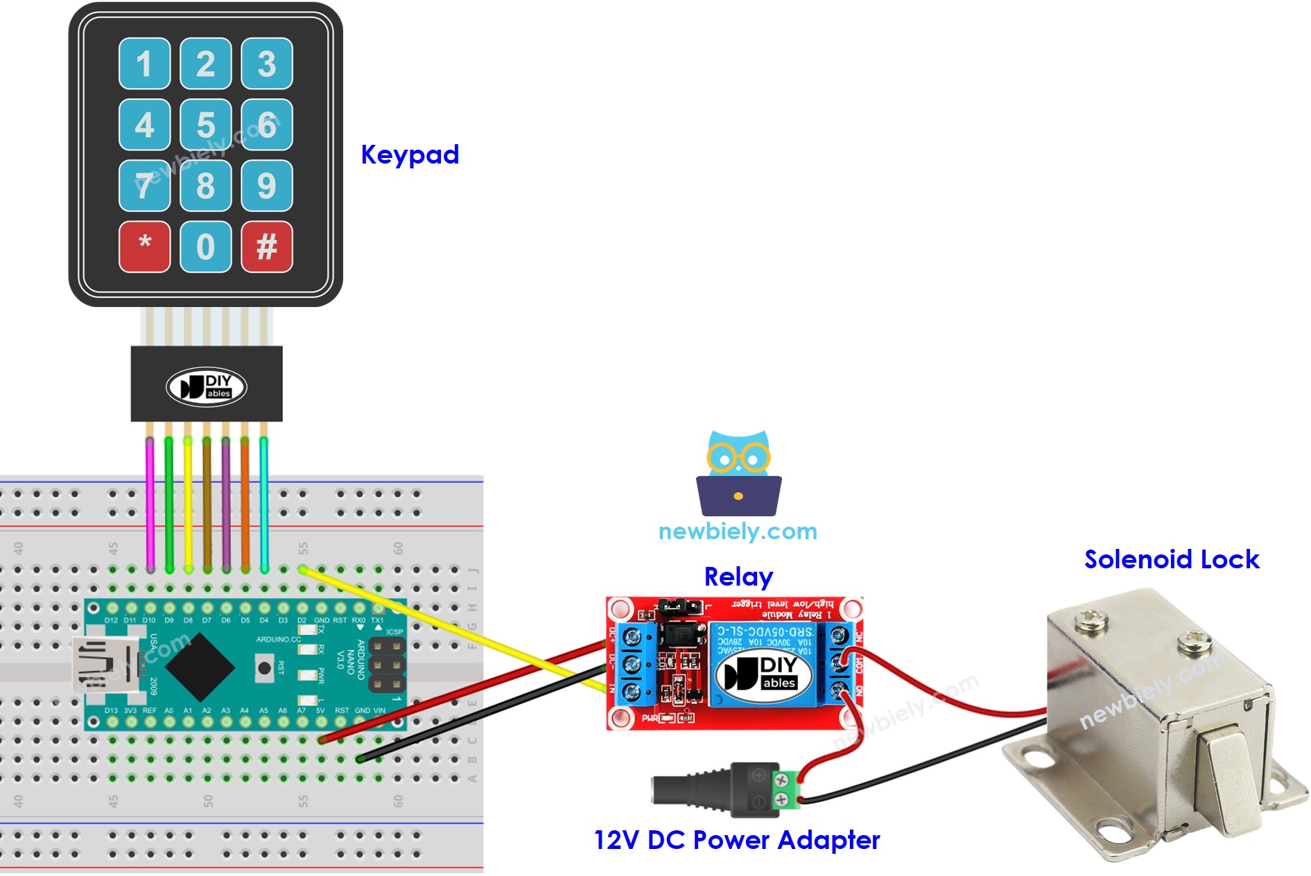 Arduino Nano, keypad, solenoid lock wiring diagram