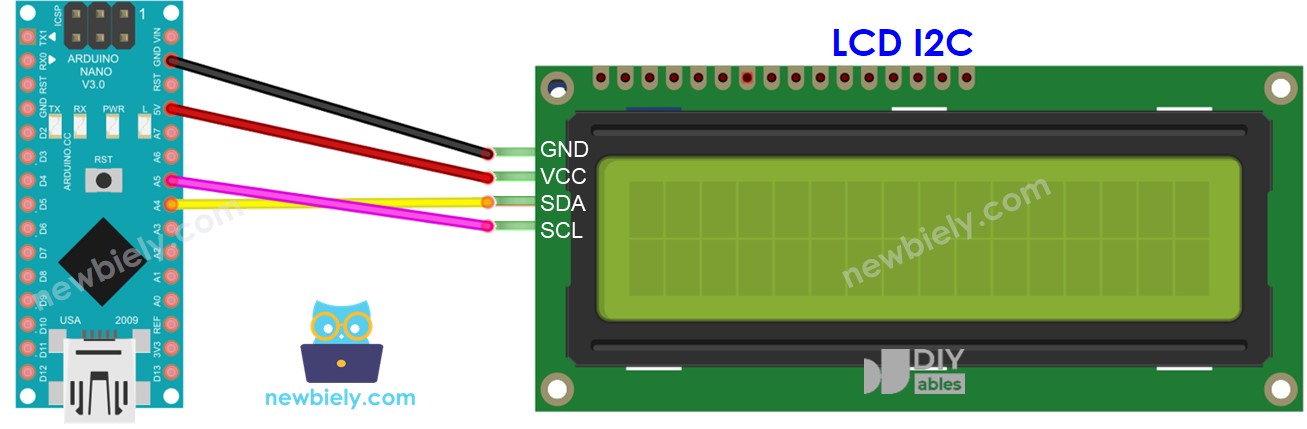 Arduino Nano LCD I2C wiring diagram