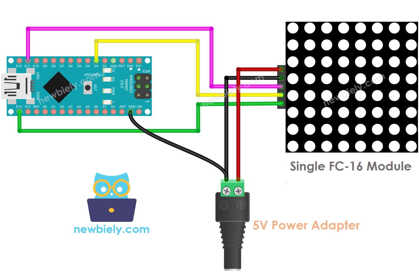 Arduino Nano 8x8 LED matrix FC-16 wiring diagram