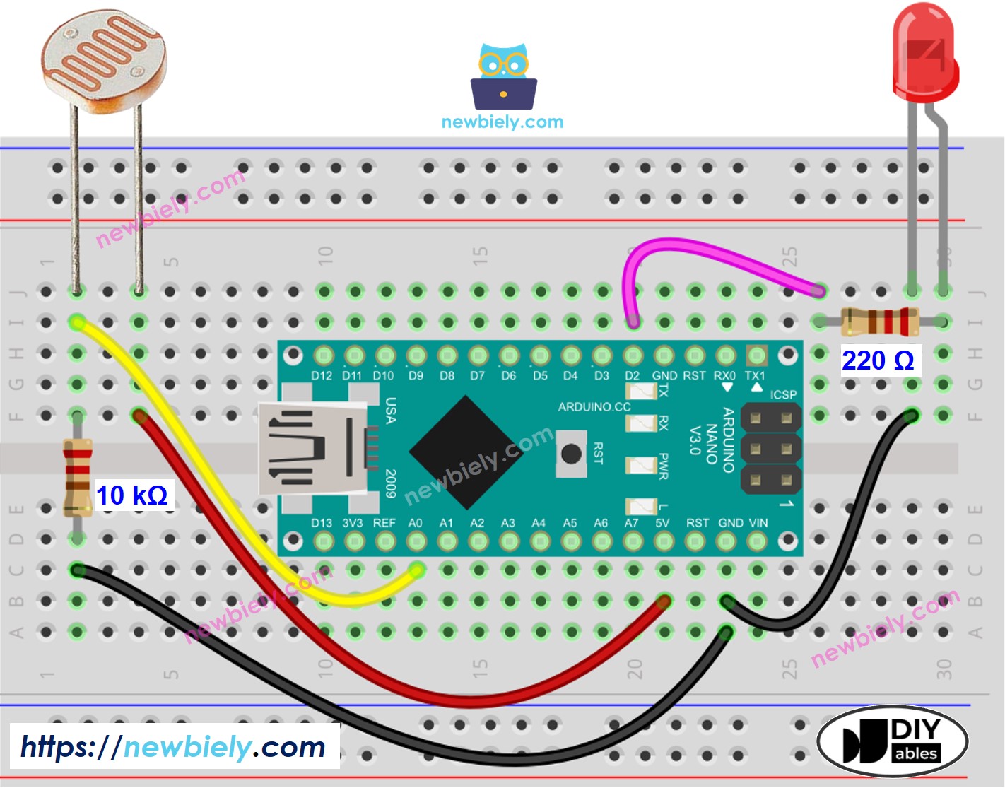 Arduino Nano Light Sensor LED wiring diagram