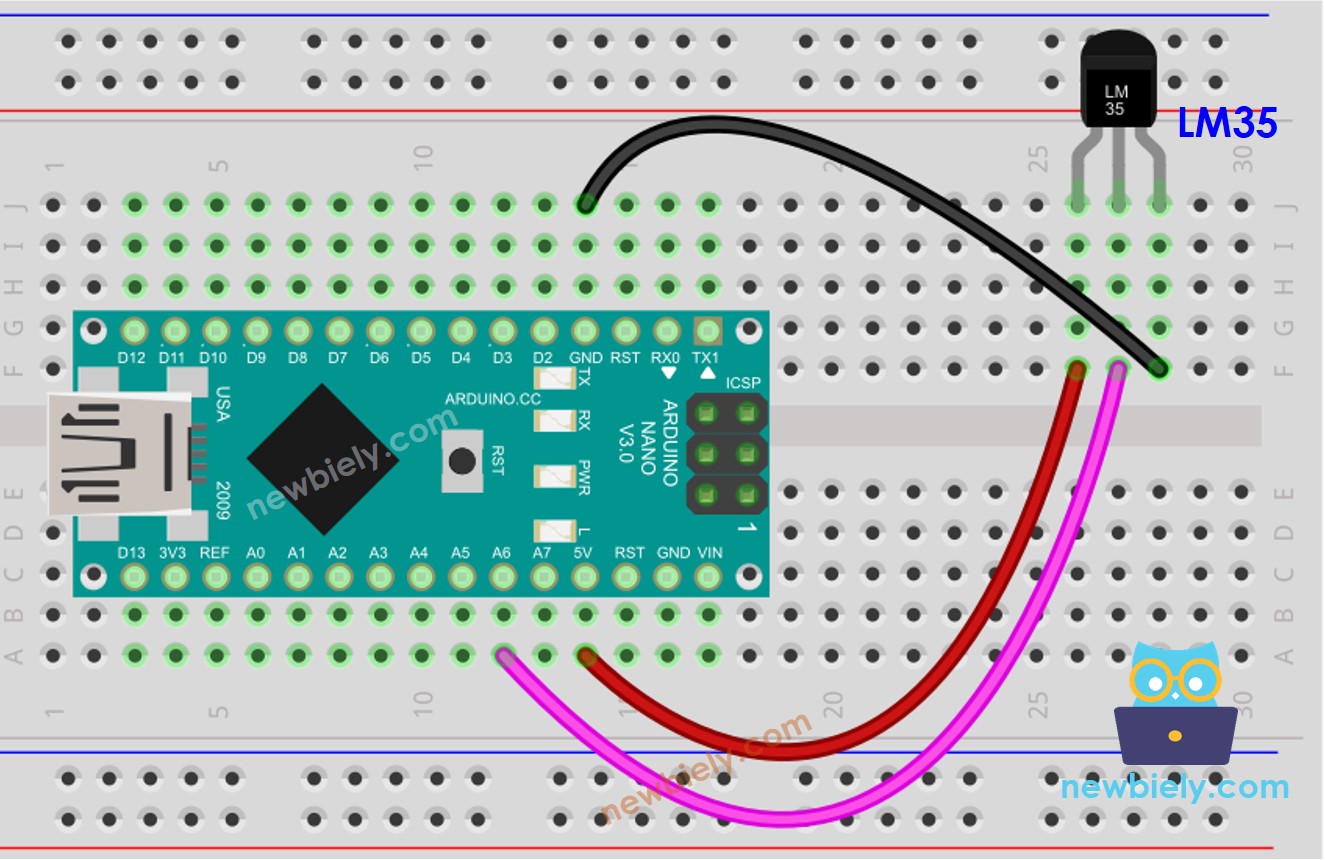 Arduino Nano LM35 temperature sensor wiring diagram