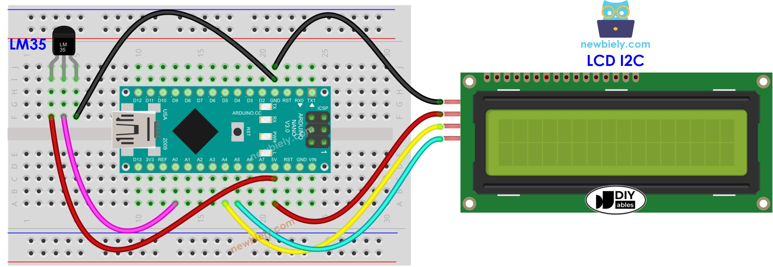 Arduino Nano LM35 Temperature Sensor LCD wiring diagram