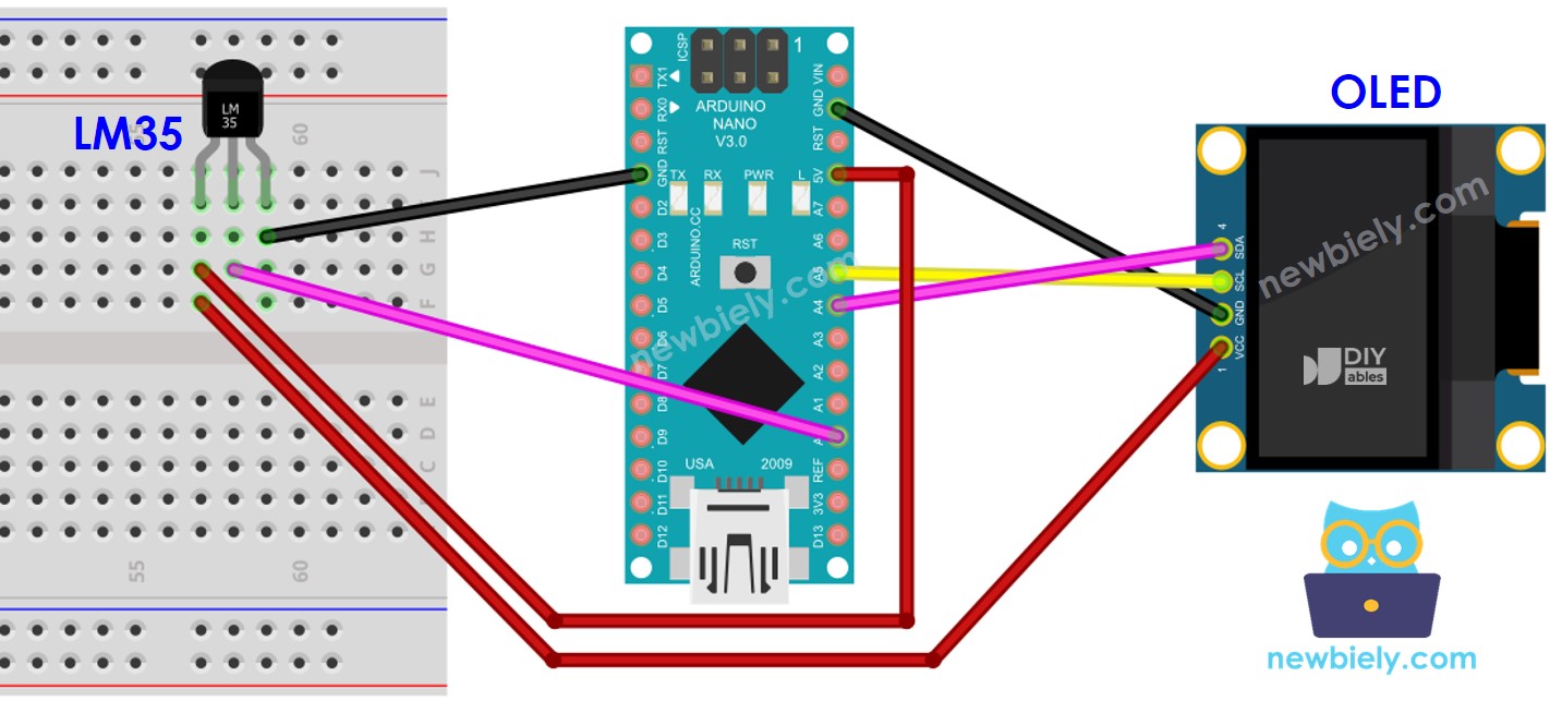 Arduino Nano LM35 Temperature Sensor OLED wiring diagram