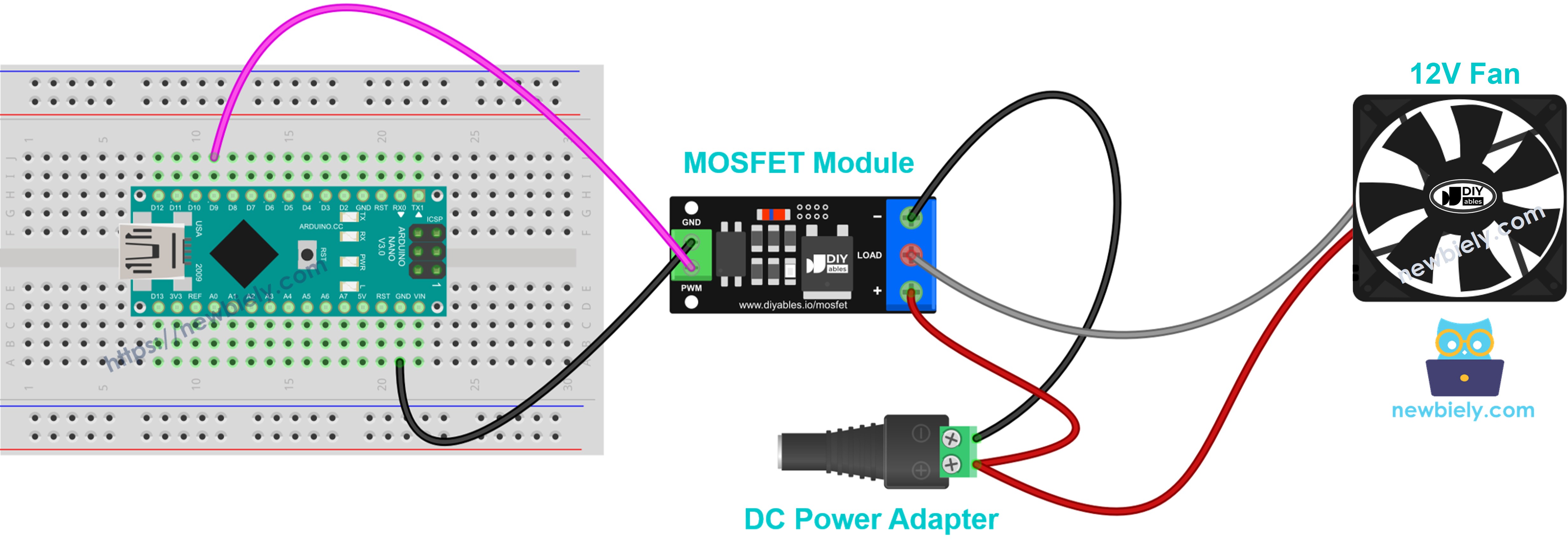 12v 쿨링 팬과 mosfet 모듈 배선도