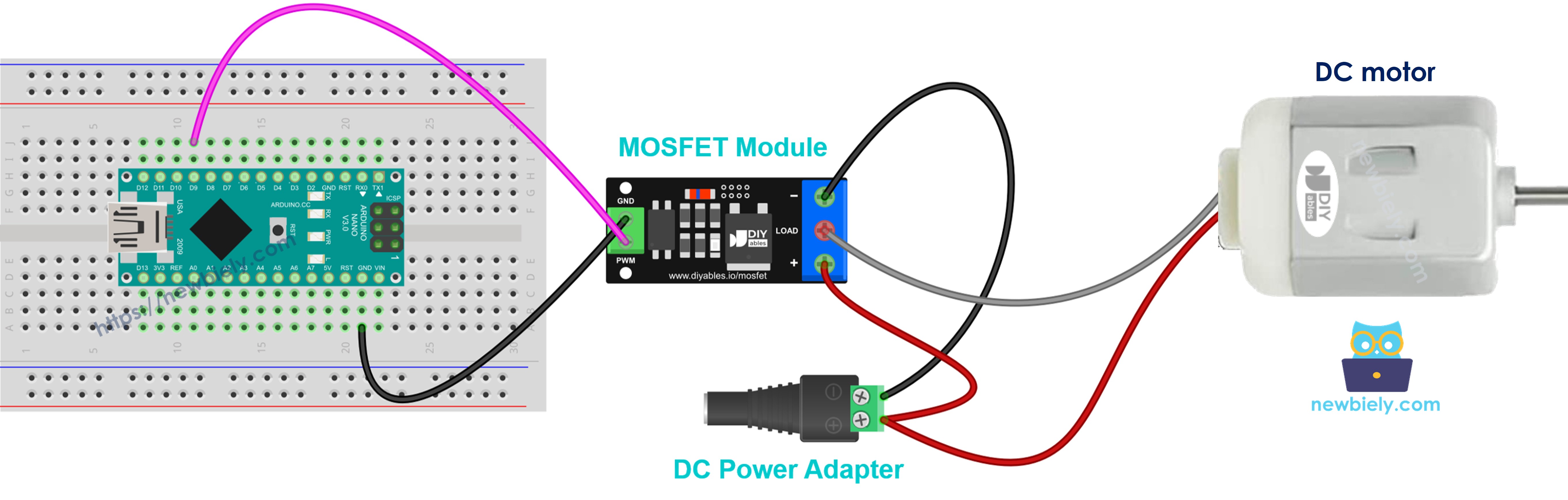 mosfet 모듈에 연결된 12v dc 모터