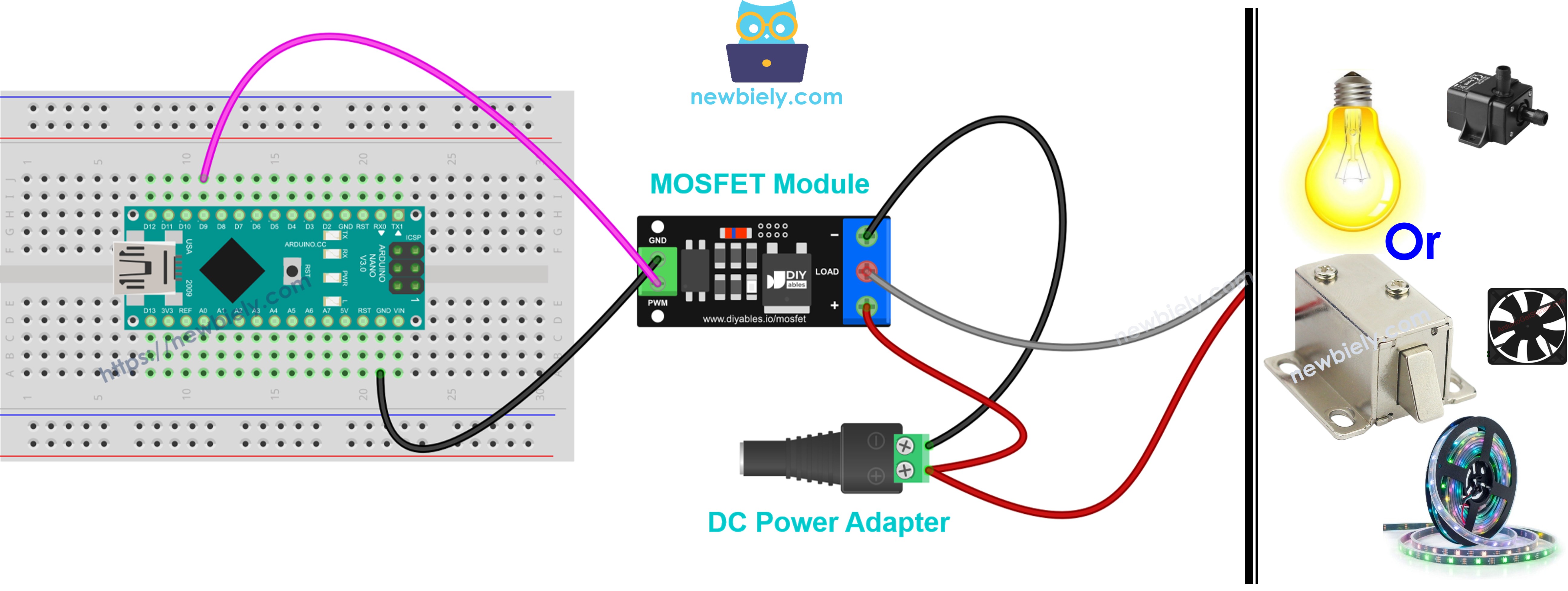 아두이노 나노와 aod4184, lr7843 또는 fr120n mosfet 모듈 배선도