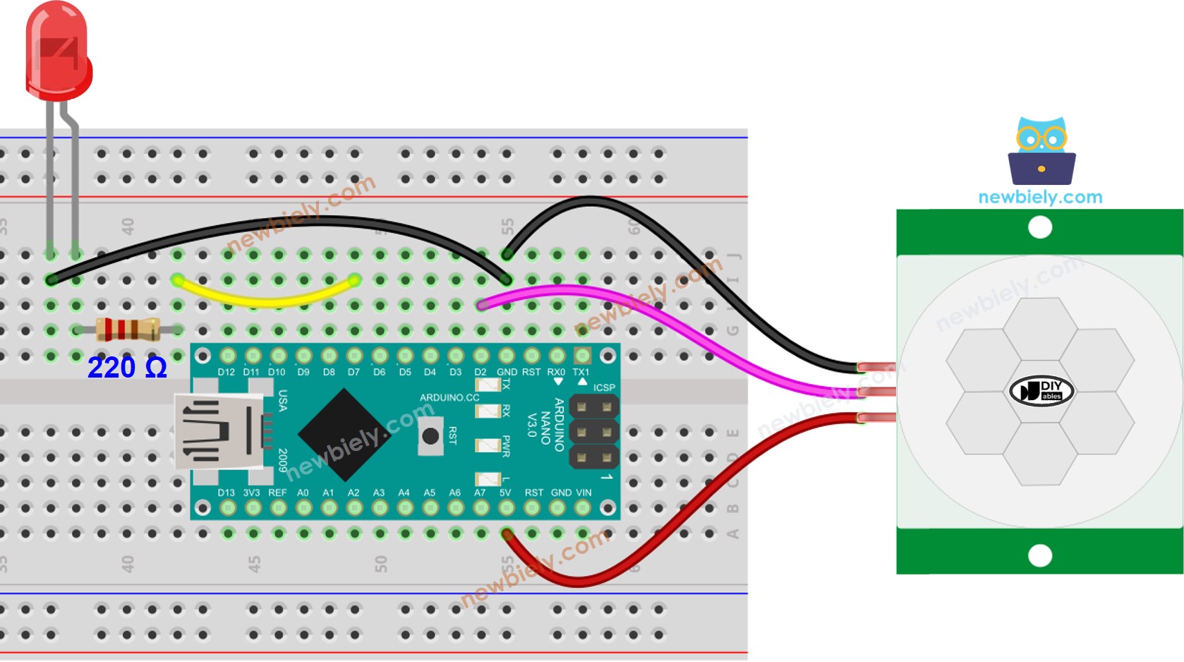 Arduino Nano Motion Sensor LED wiring diagram