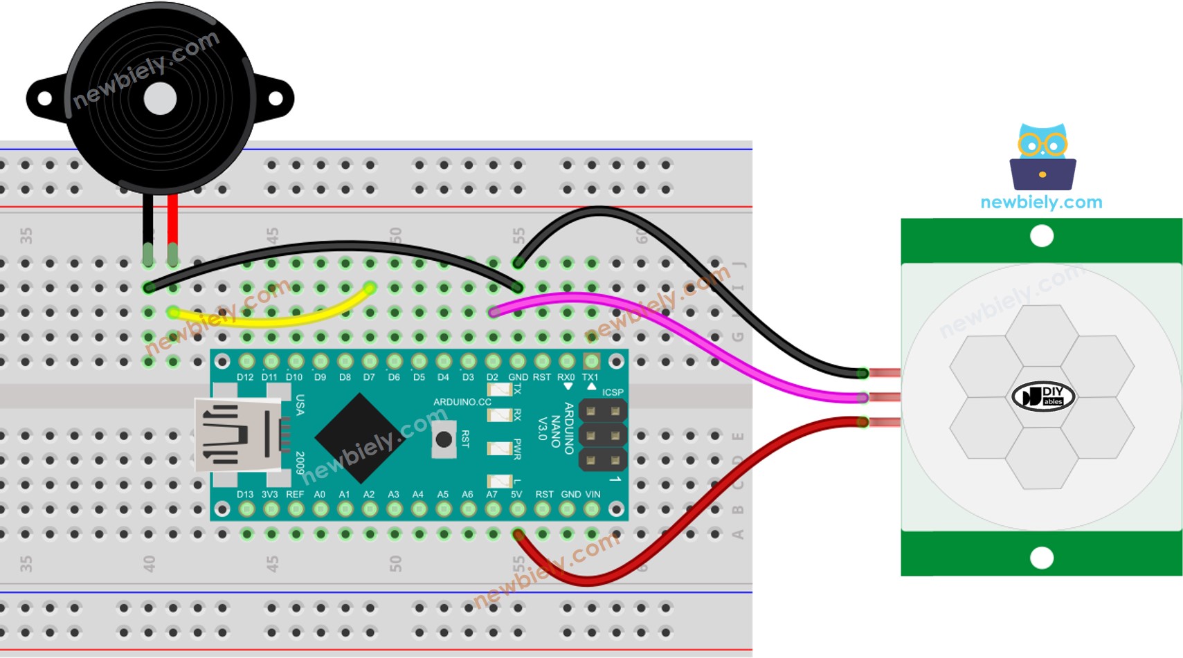 Arduino Nano Motion Sensor Piezo Buzzer wiring diagram