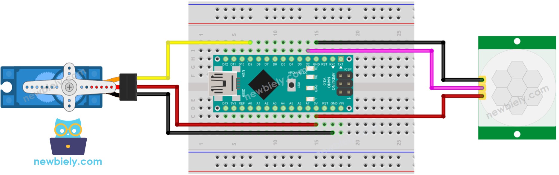 Arduino Nano Motion Sensor Servo Motor wiring diagram