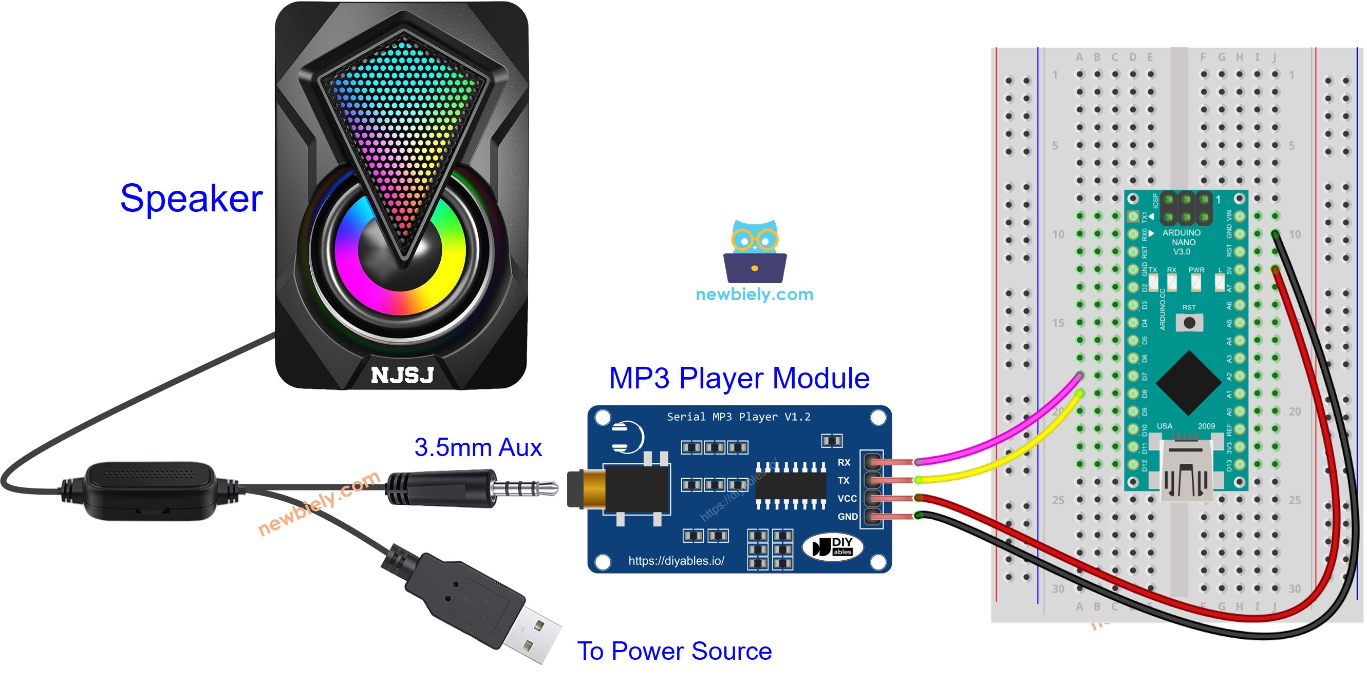 Arduino Nano MP3 player module Wiring Diagram