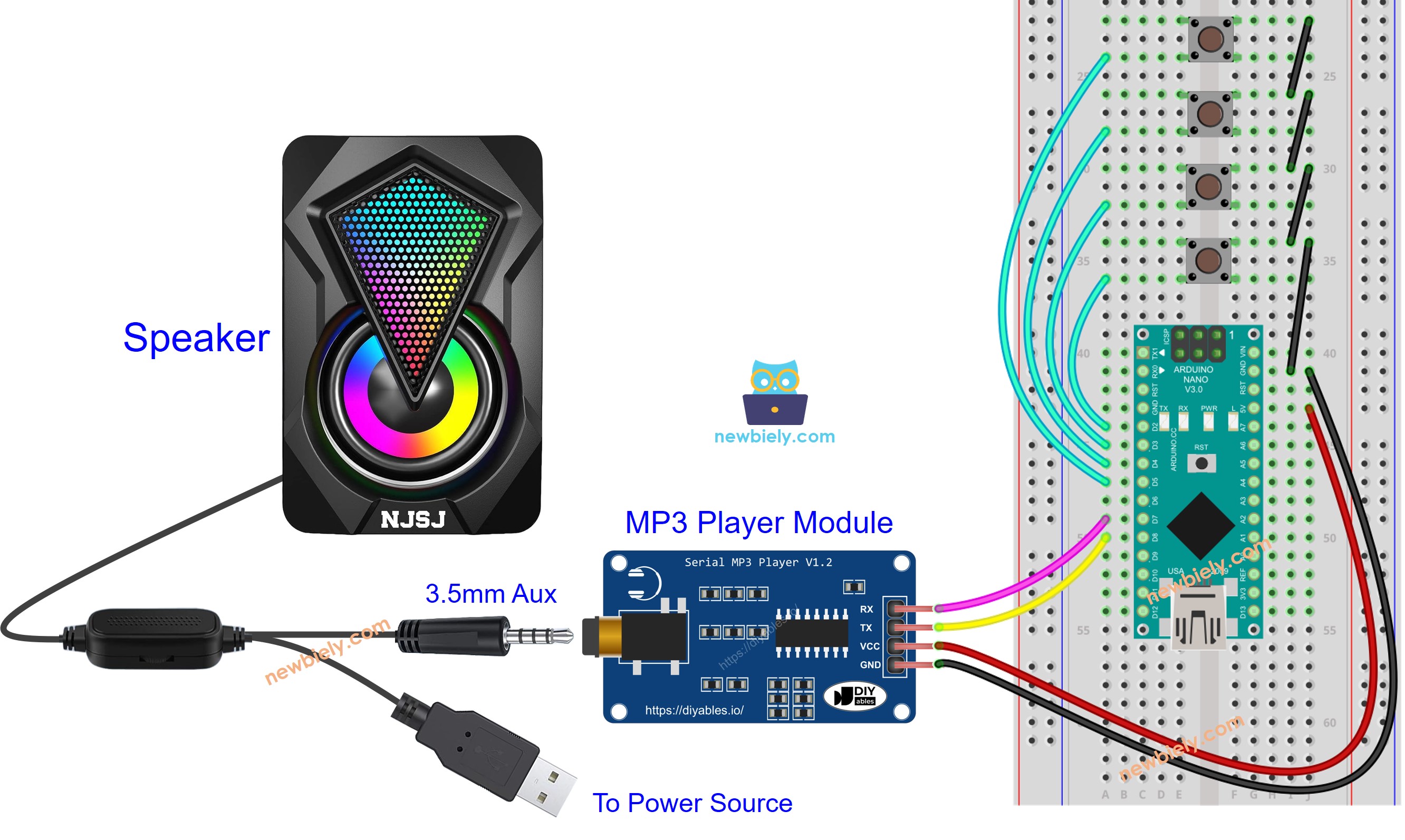 Arduino Nano MP3 player speaker Wiring Diagram