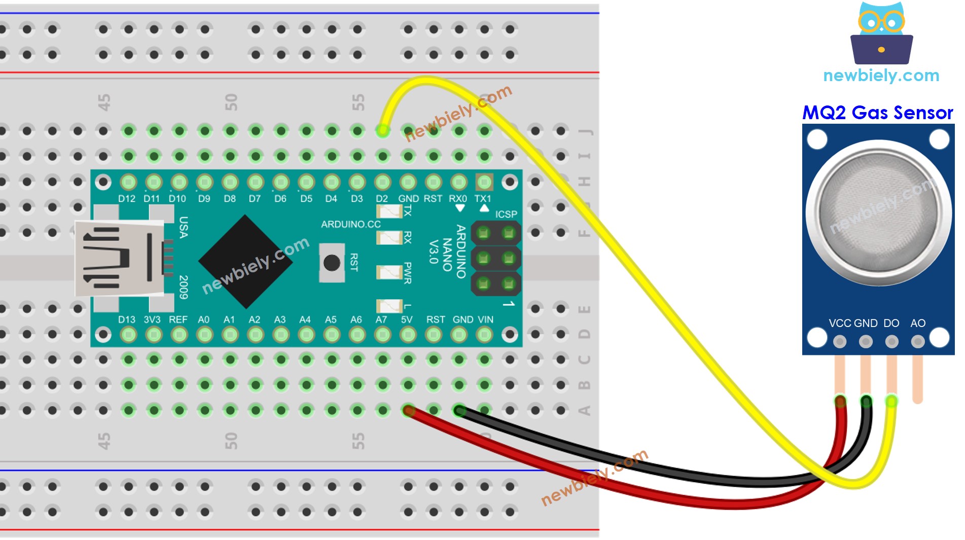 Arduino Nano MQ2 gas sensor wiring diagram