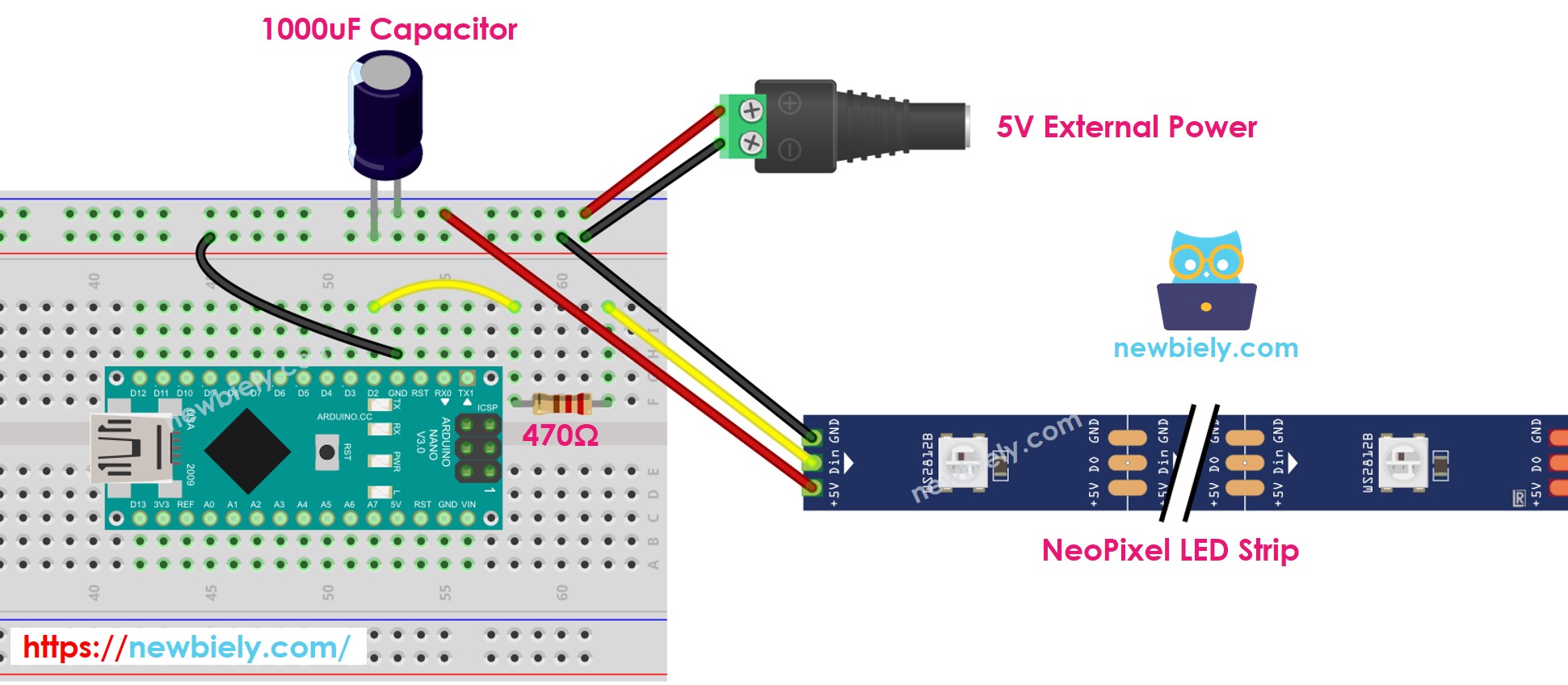 Arduino Nano NeoPixel RGB LED strip wiring diagram