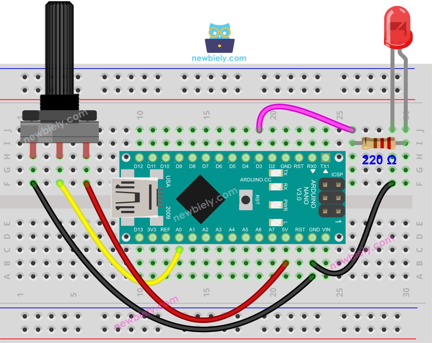 Arduino Nano Potentiometer LED wiring diagram