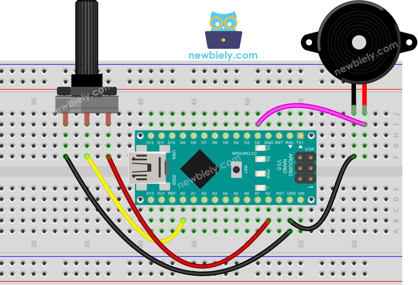 Arduino Nano Potentiometer Piezo Buzzer wiring diagram