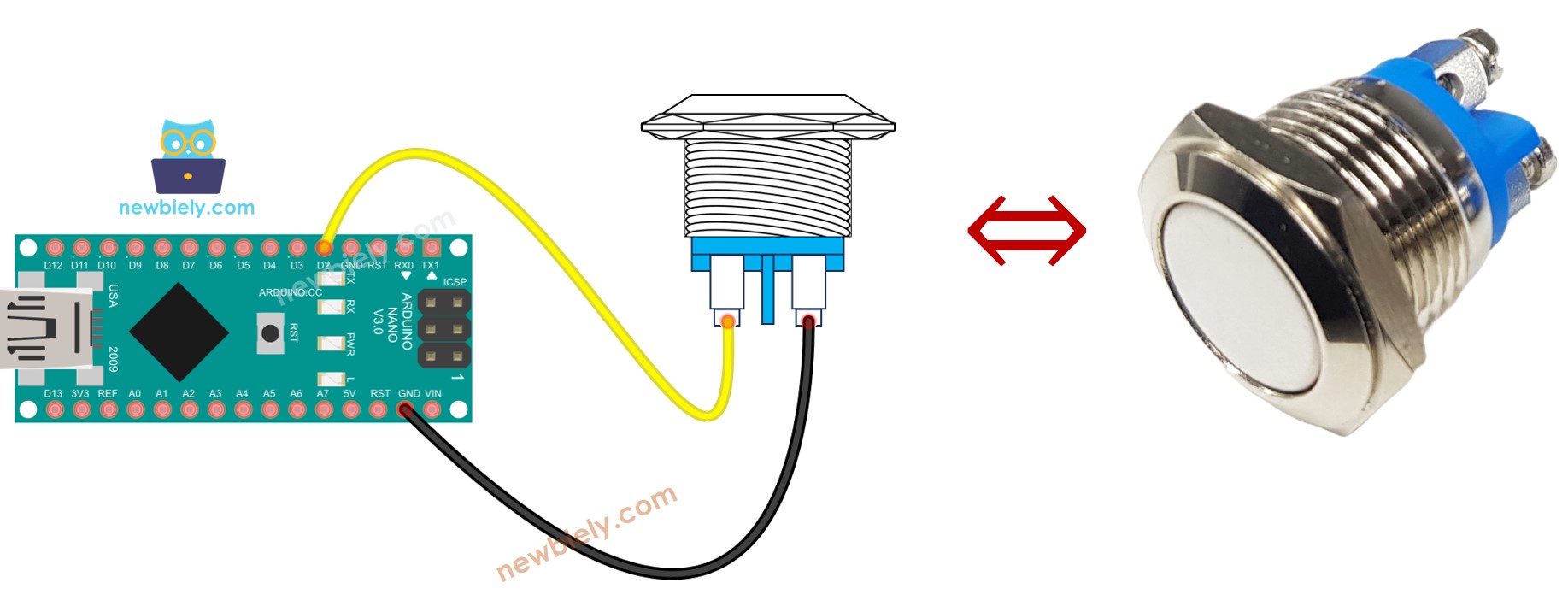 Arduino Nano two-pin push button Wiring Diagram